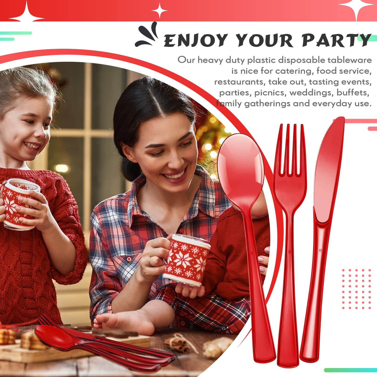 150-Piece Heavy Duty Disposable Plastic Cutlery Set - 50 Forks, 50 Knives, 50 Spoons for Parties, Picnics, Restaurants & Outdoor Events | Durable Utensils for Home, Office, School & Everyday Use (Red) - Perfect for BBQs, Catering, Camping & Family Gatherings
