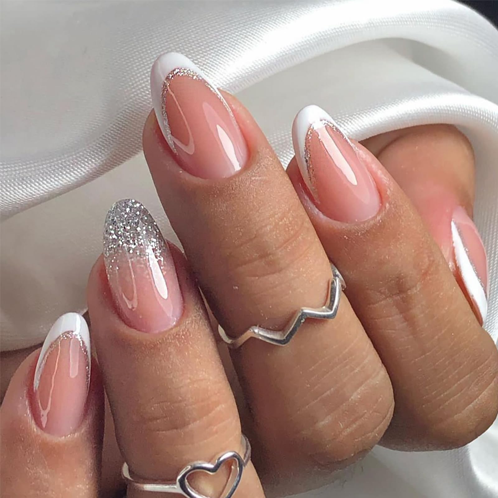 Silver Glitter French Tip Press on Nails - Short Almond Fake Nails with Silver Glitter Gradient & White French Tip - False Nails for Women & Girls - Perfect for Parties, Weddings, and Special Occasions