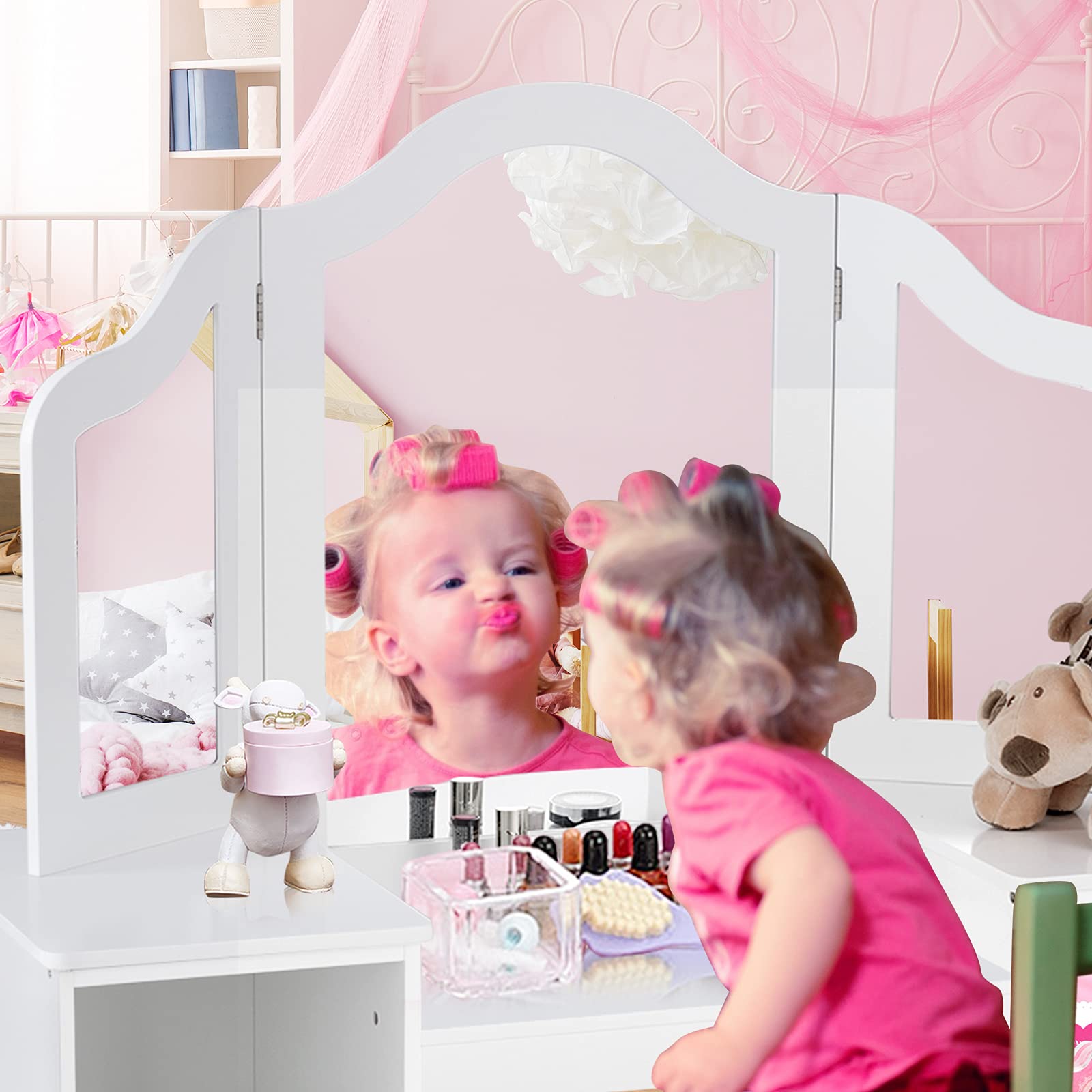 MAT EXPERT Kids Vanity Table Set with Tri-Folding Mirror - Wooden Princess Dresser with 4 Storage Shelves & Detachable Plastic Mirror - Pretend Play Makeup Dressing Table for Girls (White) - Perfect for Bedroom Decor & Imaginative Playtime