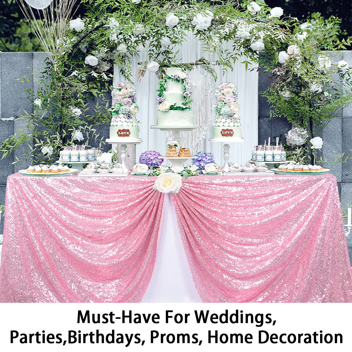ShinyBeauty Pink Gold Sequin Tablecloth 90x132 Inch - Sparkling Rectangular Table Cover for Wedding, Party, Banquet Decor - Glamorous Fuchsia Pink Fabric for Special Occasions - Perfect for Birthday Celebrations, Anniversary Dinners and Holiday Events