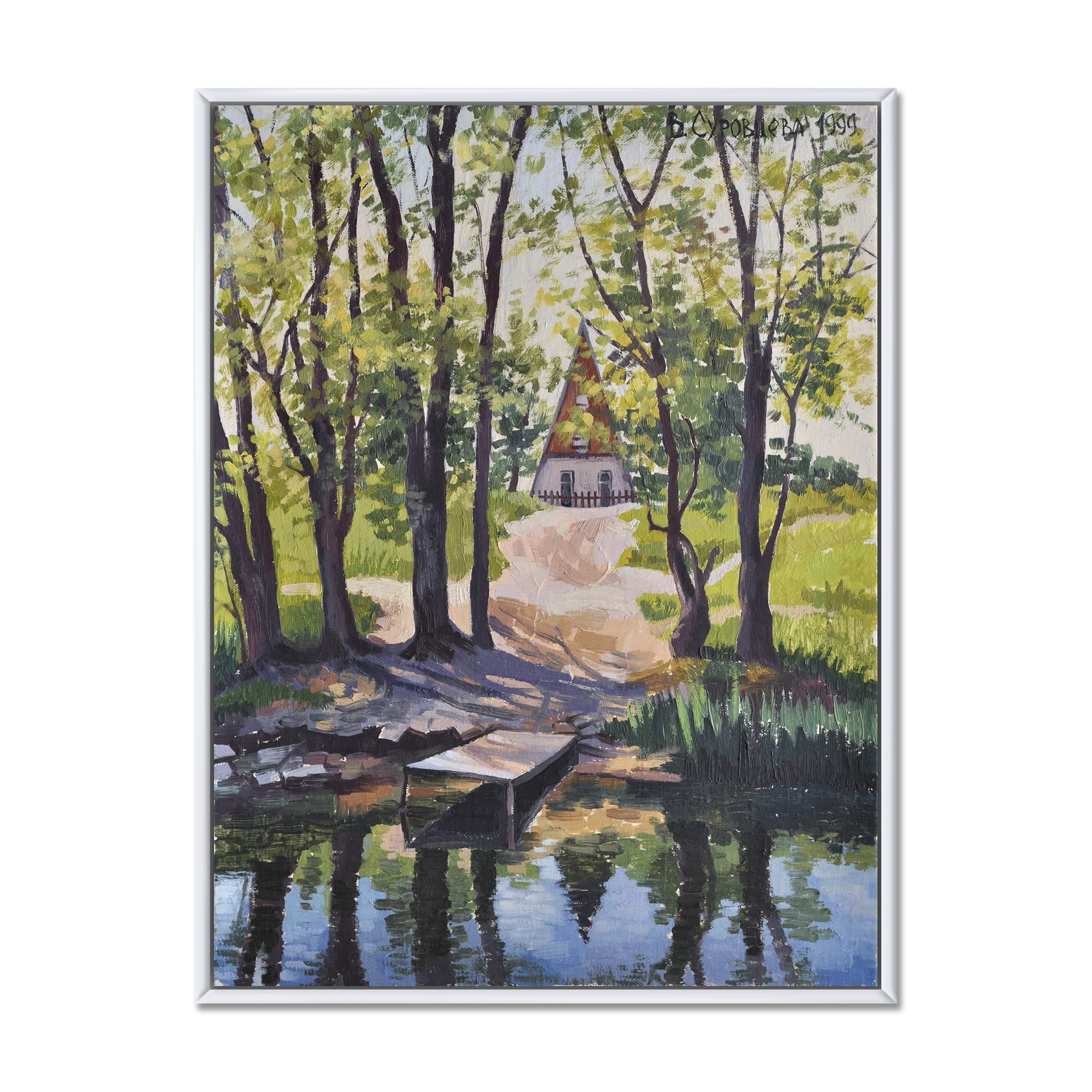 DesignQ Mysterious Lake House by the River - Framed Canvas Wall Art Print for Living Room, Bedroom & Office Decor