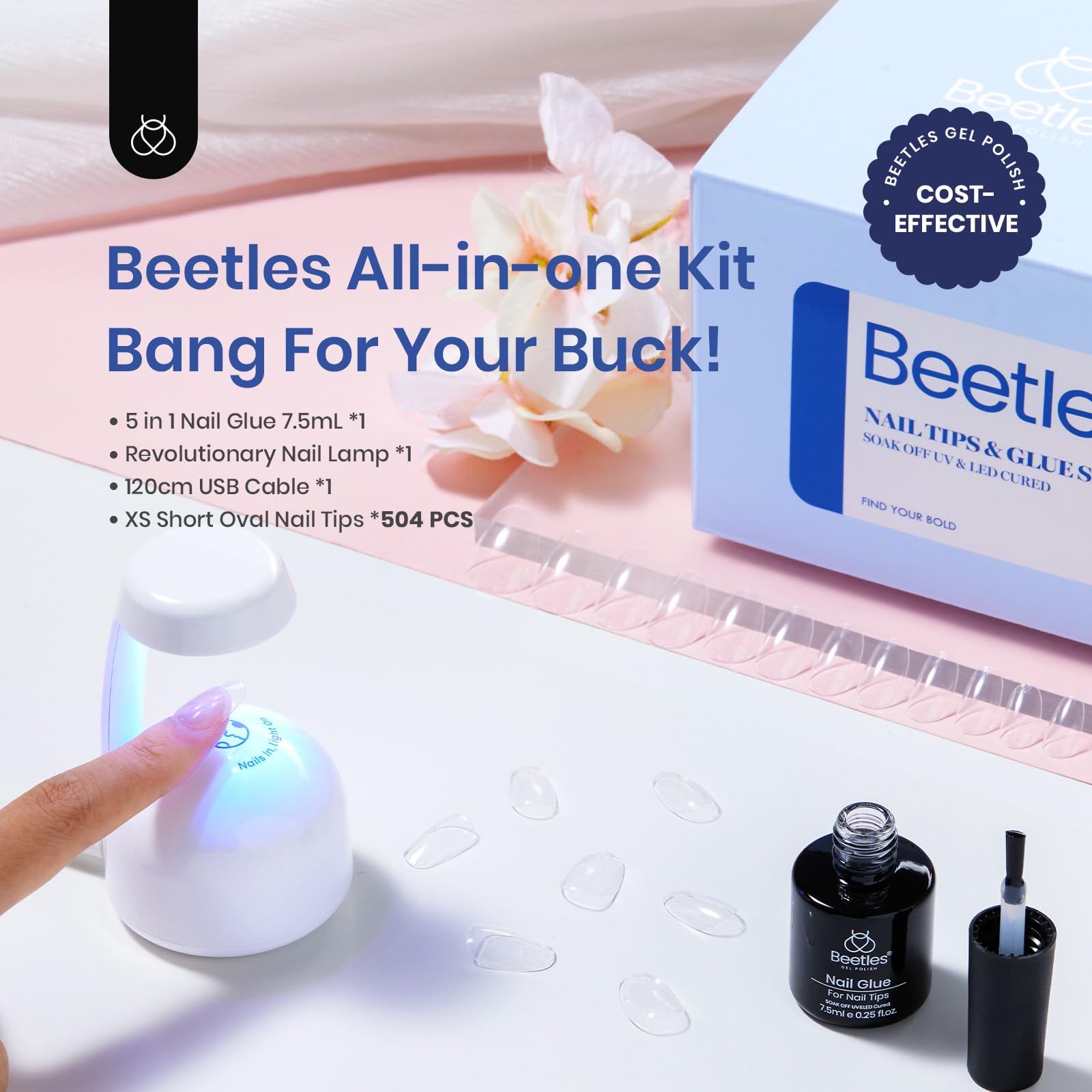 Beetles Gel Nail Kit 504Pcs - Short Oval False Nails with LED Lamp for Home Manicure