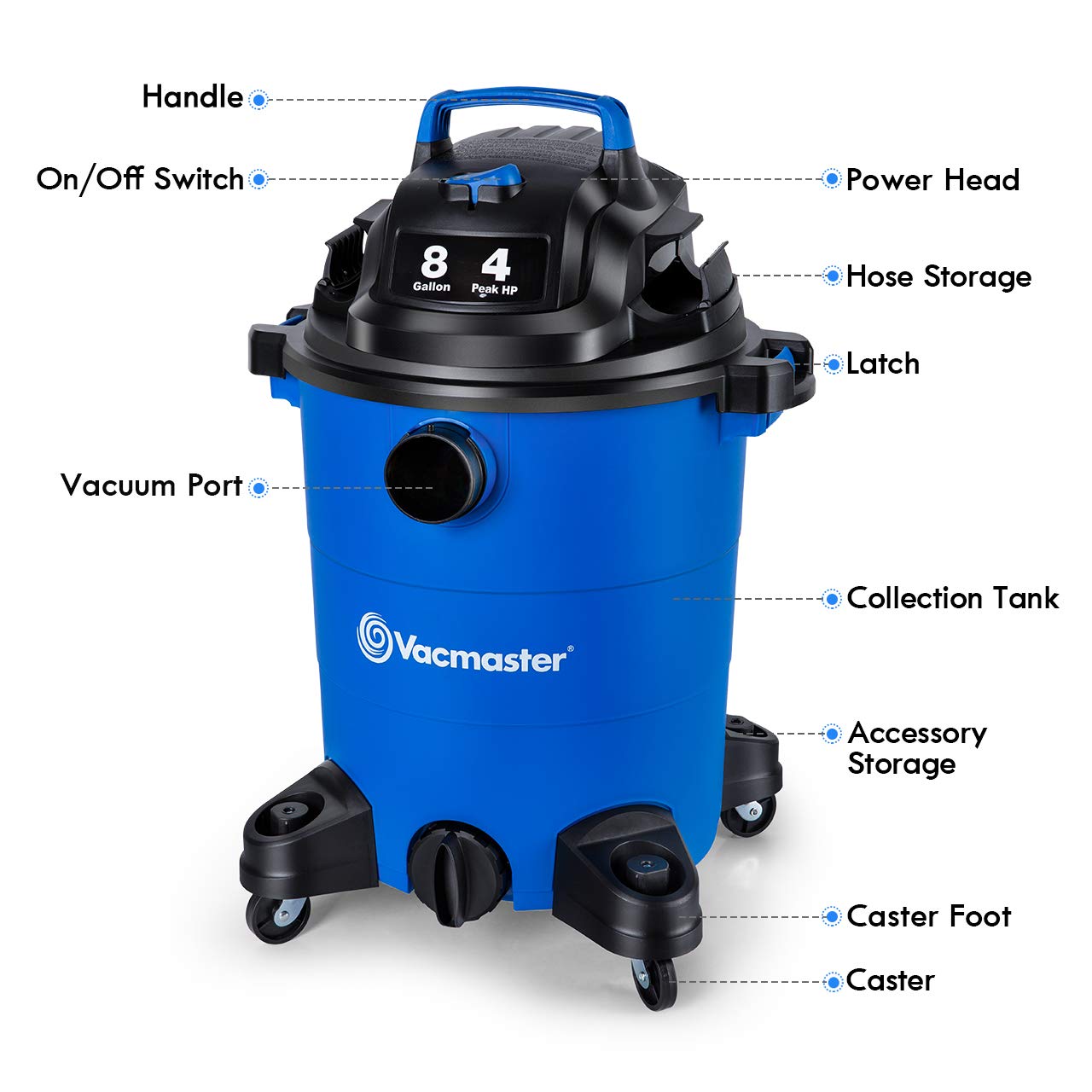 Vacmaster 4 Peak HP 8 Gallon Wet/Dry Vacuum Cleaner - Lightweight Powerful Suction with Blower Function - Ideal for Pet Hair, Garage, Car Detailing, Home Cleaning & Workshop Use