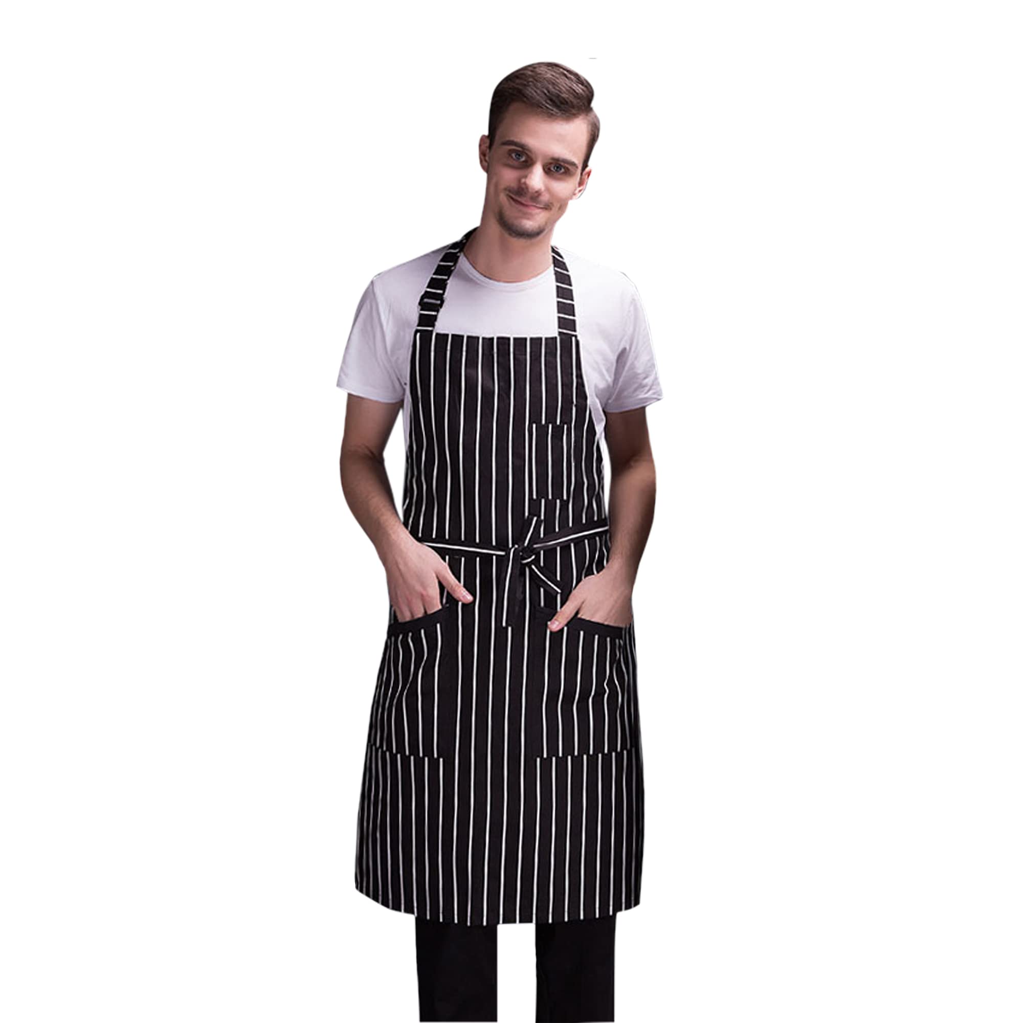 Classic Black and White Striped Halterneck Kitchen Apron for Restaurant & Home Cooking - Perfect for Chefs, Waitstaff, and Stylish Home Cooks