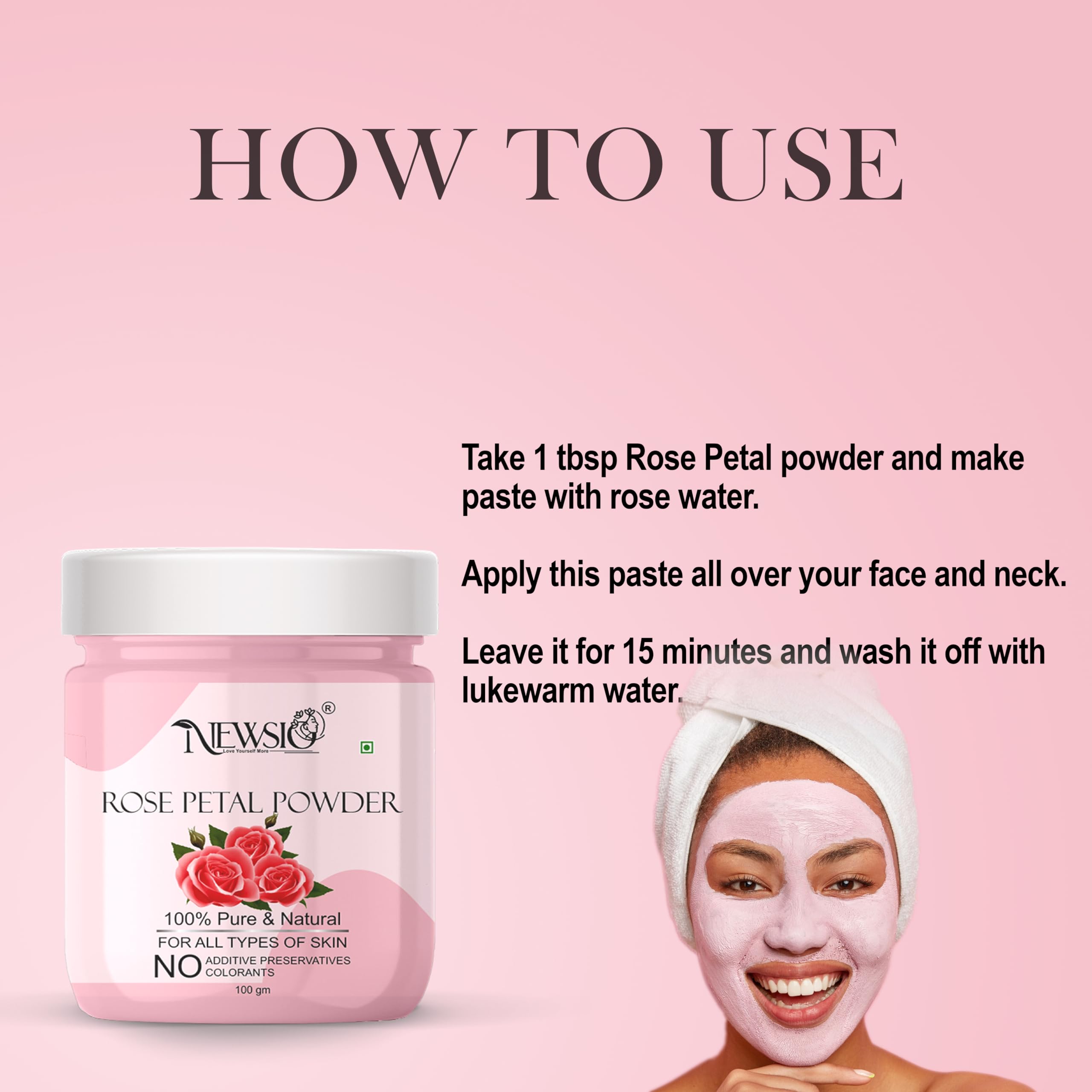 Newsio Pure Rose Petals Powder - 100gm Face Mask for Glowing Skin | Deep Cleansing, Acne Treatment & Brightening | Natural Skincare for Soft, Pinkish Complexion | Perfect for Daily Facial Routine & Spa Treatments