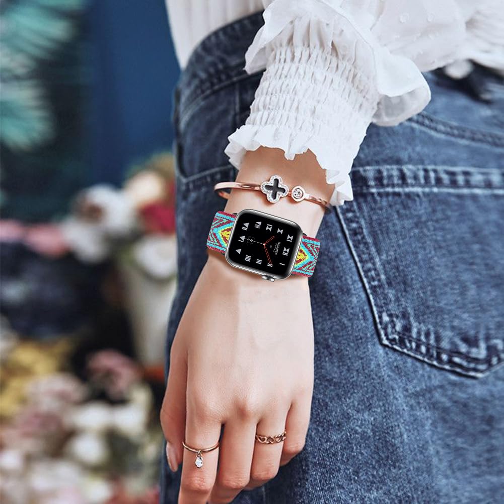 HYZ Compatible Stretchy Apple Watch Bands for Women - Soft Elastic Braided Solo Loop Strap (6 Pack) - Fits 38mm 40mm 41mm 44mm 45mm 49mm Ultra - Perfect for Workouts, Running, Yoga & Everyday Wear