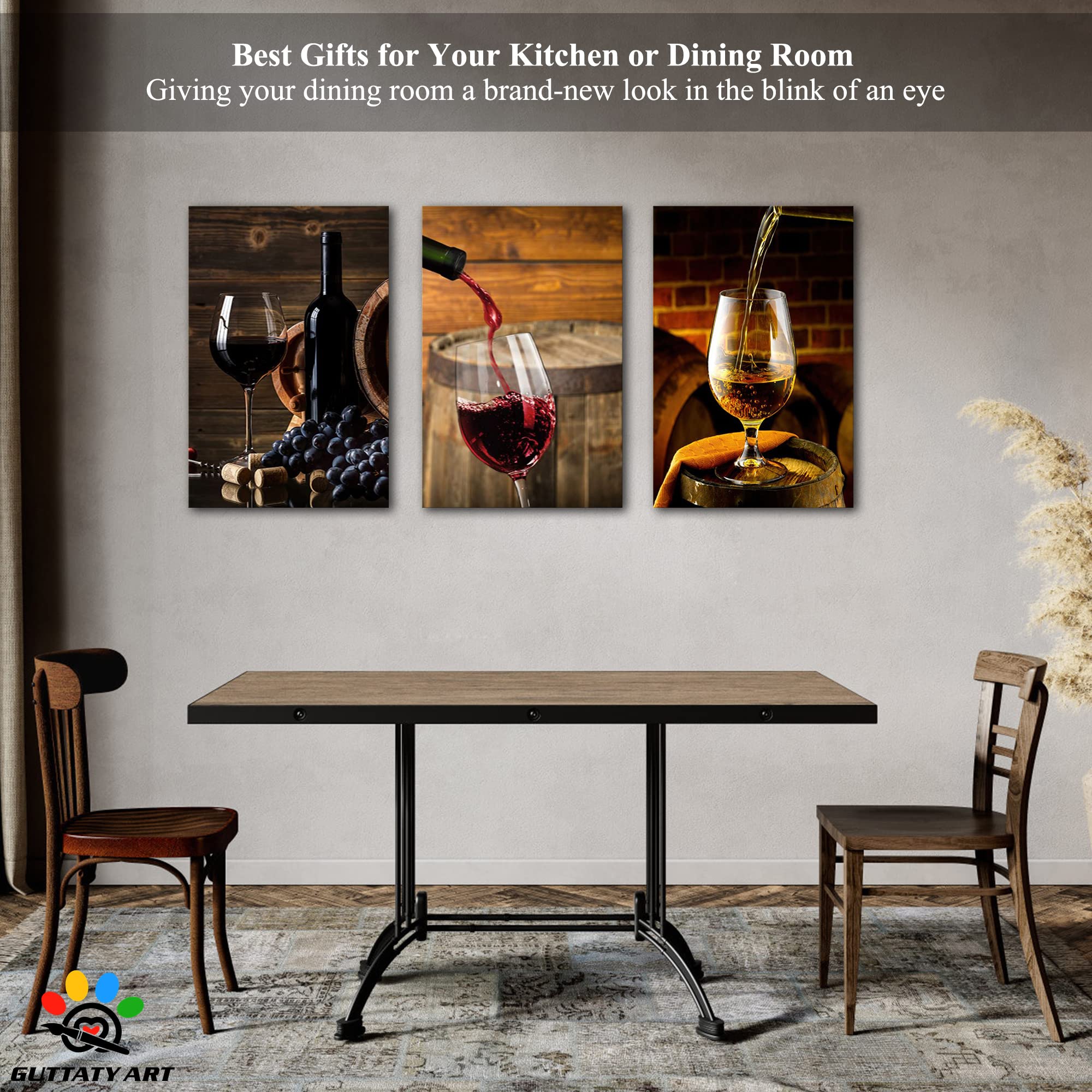 Modern Canvas Wall Art Set - 3-Piece Fruits & Red Wine Glasses Print for Dining Room, Kitchen & Living Room Decor - 20