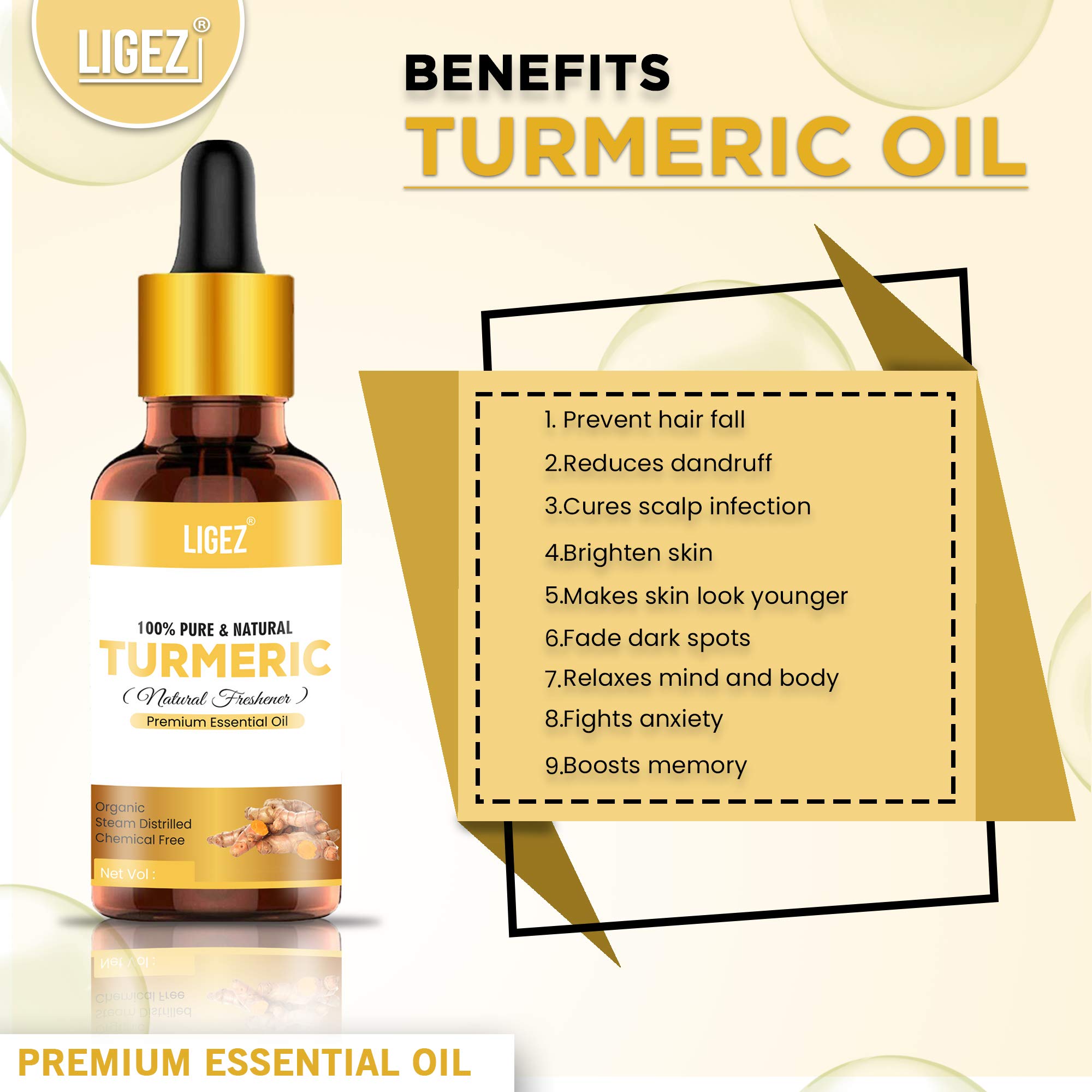 Ligez 100% Pure Natural Undiluted Turmeric Essential Oil - 15ml for Skin Care, Hair Growth & Aromatherapy | Perfect for Massage, DIY Beauty Recipes & Relaxation