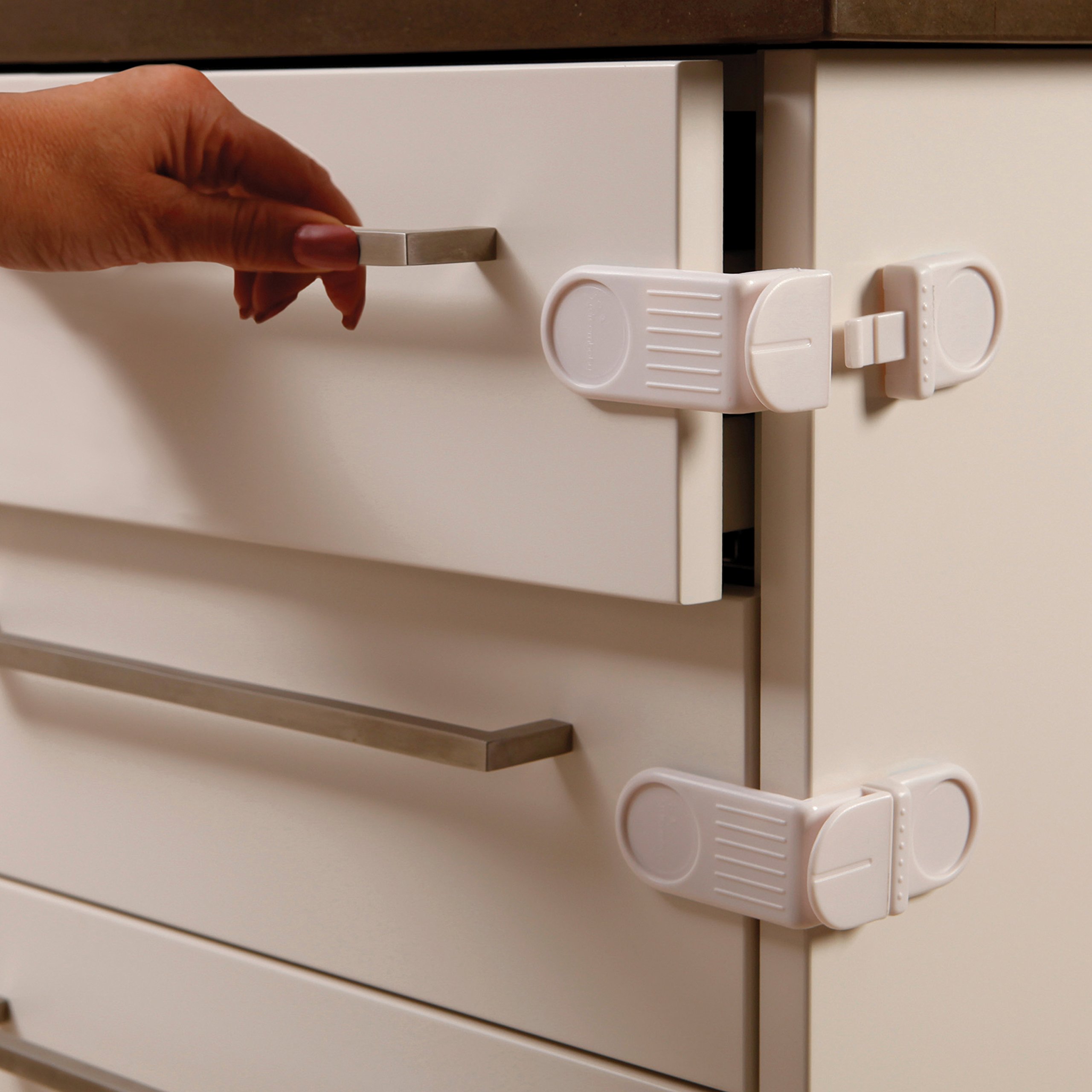 Dream Baby Angle Locks for Corner Drawers & Cabinets (4-Pack) - Child Safety Cabinet Locks for Kitchen, Bathroom & Nursery - Prevent Baby from Opening Drawers & Cabinets