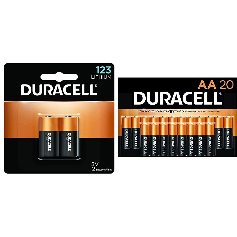 Duracell 123 Lithium Batteries 6V 2pk & AA Alkaline Batteries 9V 20pk - Long Lasting High Power Single Use Batteries for Flashlights, Smoke Detectors, Toys and Electronics