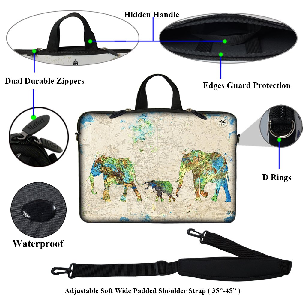 Meffort Inc 15-15.6 Inch Neoprene Laptop Sleeve Bag with Hidden Handle & Adjustable Shoulder Strap - Elephant Design for MacBook, Dell, HP - Perfect for School, Office, Travel