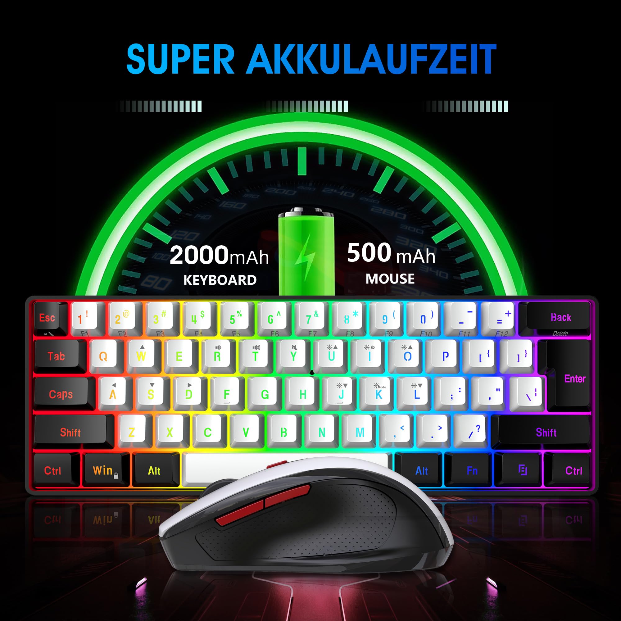 SNPURDIRI 2.4G Wireless Gaming Keyboard and Mouse Combo - 60% Compact Mechanical Feel RGB Backlit Keyboard & Ergonomic Vertical Wireless Mouse (Black/White) for PC, Mac, Laptop Gaming & Office Work