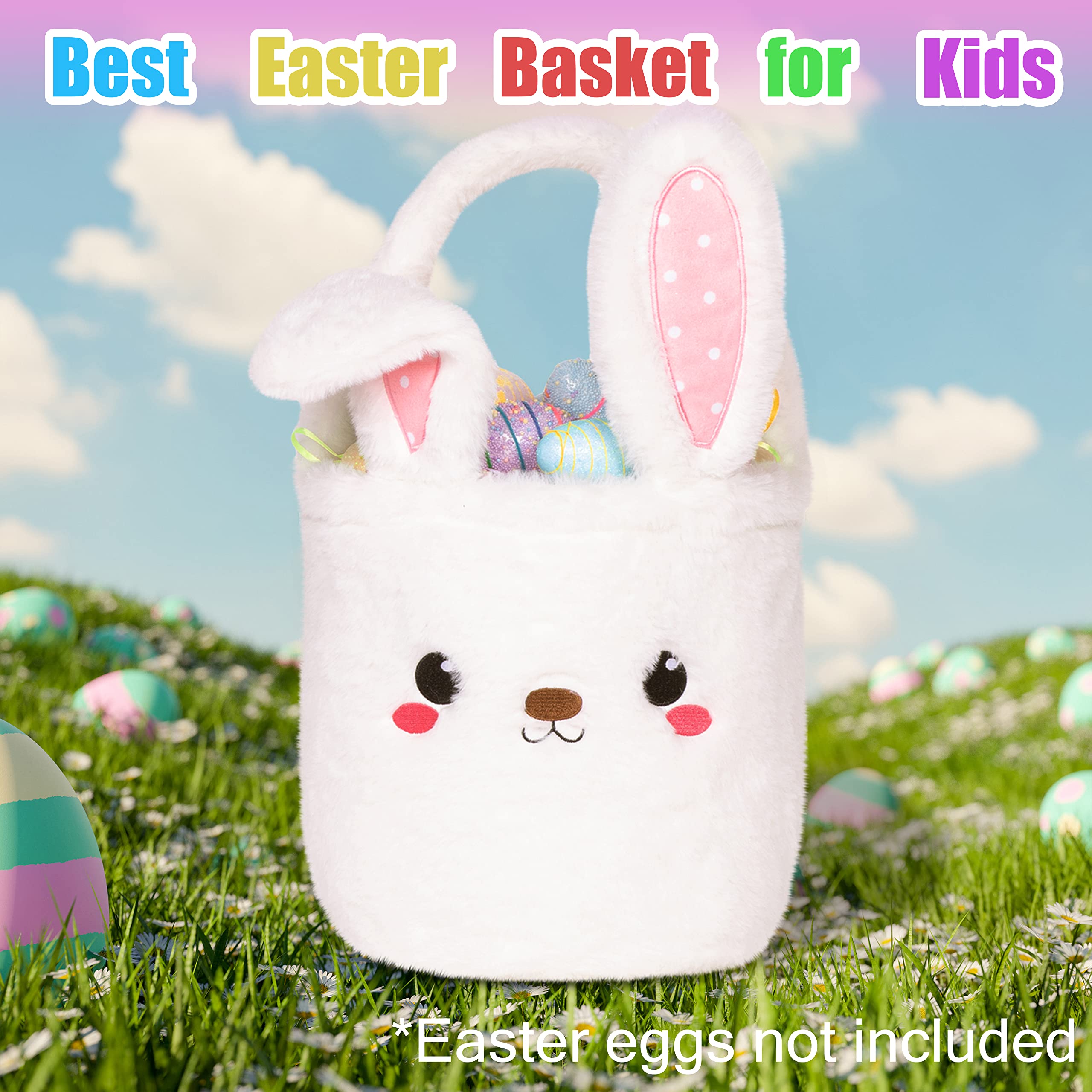 Easter Bunny Basket for Kids - Cute Plush Foldable Ears Easter Egg Hunt Tote with Handle - 9x9 Inch White Candy Bag Gift for Boys Girls Teens - Perfect for Easter Decorations, Egg Hunts & Party Favors