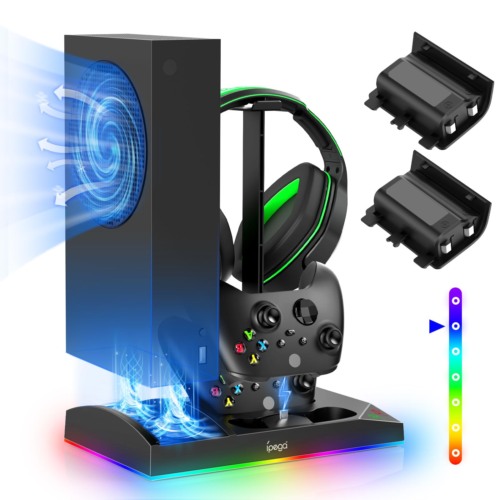 Xbox Series S Charging & Cooling Fan Stand - Dual Controller Charger Station with 15 LED Light Modes, Headset Hook & USB C Cable - 1400mAh Battery Cooler System for XSS (Black) | Perfect for Gaming Sessions & Console Protection