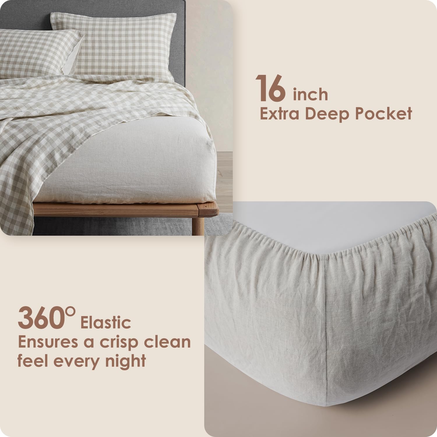 DAPU 100% Washed Linen Sheet Set Full Size - 4 Piece Hypoallergenic Soft Bedding with Envelope Closure, Gingham Check Plaid Geometric Pattern in Beige & White | Breathable & Comfortable for All Seasons, Perfect for Master Bedroom, Guest Room & Vacation Homes