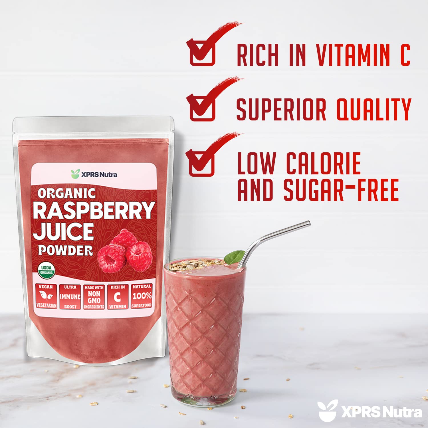 Organic Raspberry Juice Powder by XPRS Nutra - Vegan Superfood Supplement for Immune Support with Vitamin C - 8 oz for Smoothies, Drinks & Baking - Antioxidant-Rich Raspberry Powder for Energy & Wellness