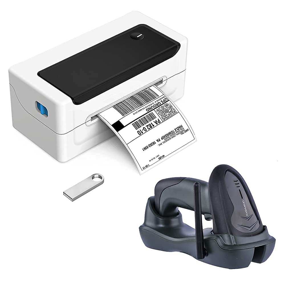 NADMAOO Bur3400 Thermal Label Printer & Bur3069 Wireless Barcode Scanner Combo - High Speed Shipping Labels & Inventory Management for Ecommerce, Warehouse, Retail Stores