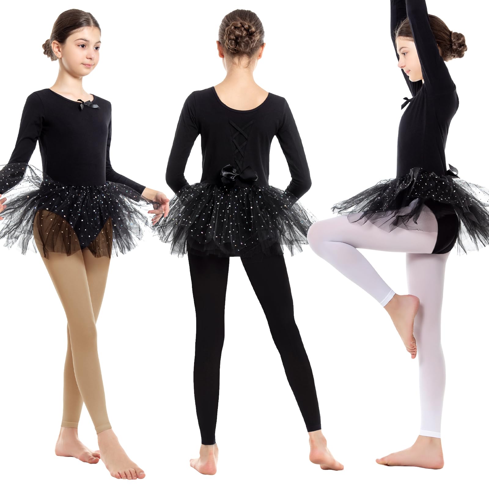 Girl's Ballet Tights (3 Pairs) - Black/White/Nude for Dance & School (Ages 2-16)