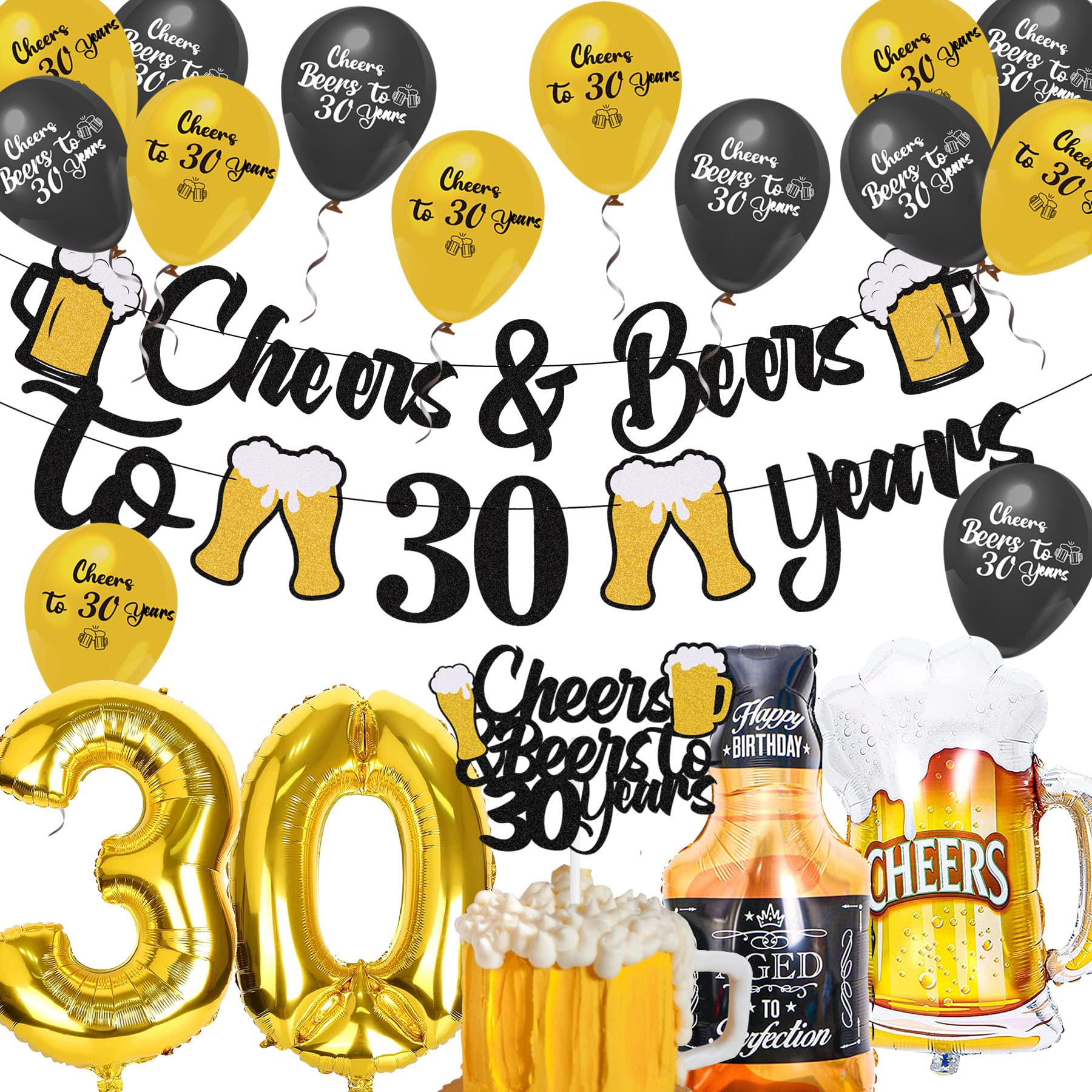 30th Birthday Decorations Set - 17Pcs Gold Balloons, Cake Topper & Banner for 30 Years Old Party Supplies | Perfect for Milestone Celebrations, Adult Birthday Parties & Anniversary Decor