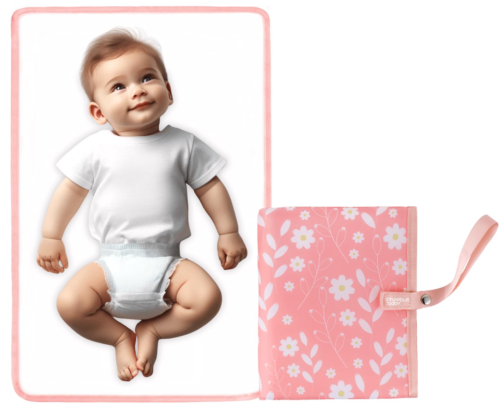 Portable Waterproof Baby Diaper Changing Pad - Compact Travel Changing Mat with Wrist Strap - Wipeable & Lightweight for Diaper Bags (Pink Floral Design) - Perfect for On-the-Go Parents, Air Travel & Outdoor Activities