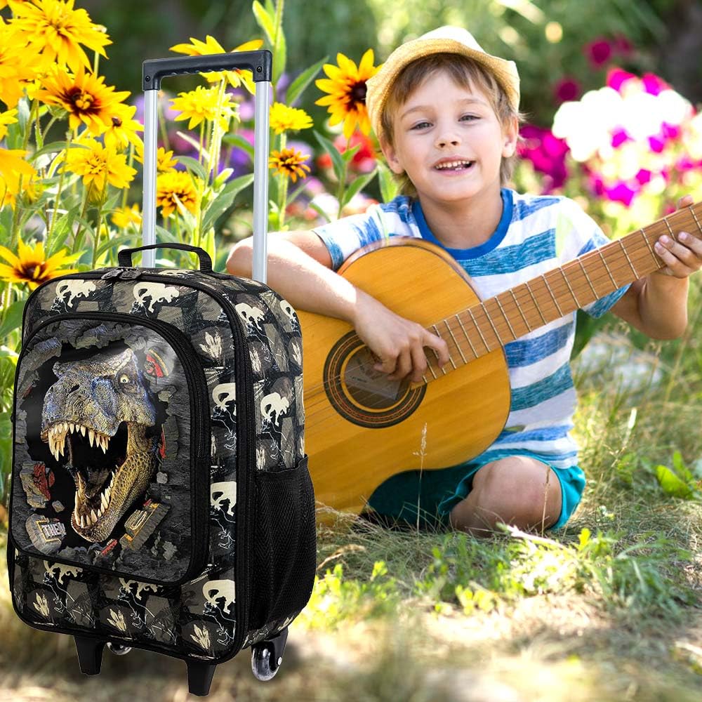 2Pcs Boys Suitcase Set with Wheels - Kids Rolling Carry-On Luggage & Dinosaur Travel Backpack for Toddlers (Black) | Perfect for Air Travel, Road Trips & School Adventures