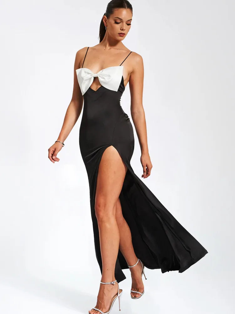 Elegant Premium Satin Christmas Party Dress for Women - Sexy Open Back Bodycon Long Dress with High Slit, Perfect for Evening Gala, Holiday Party & Special Occasions