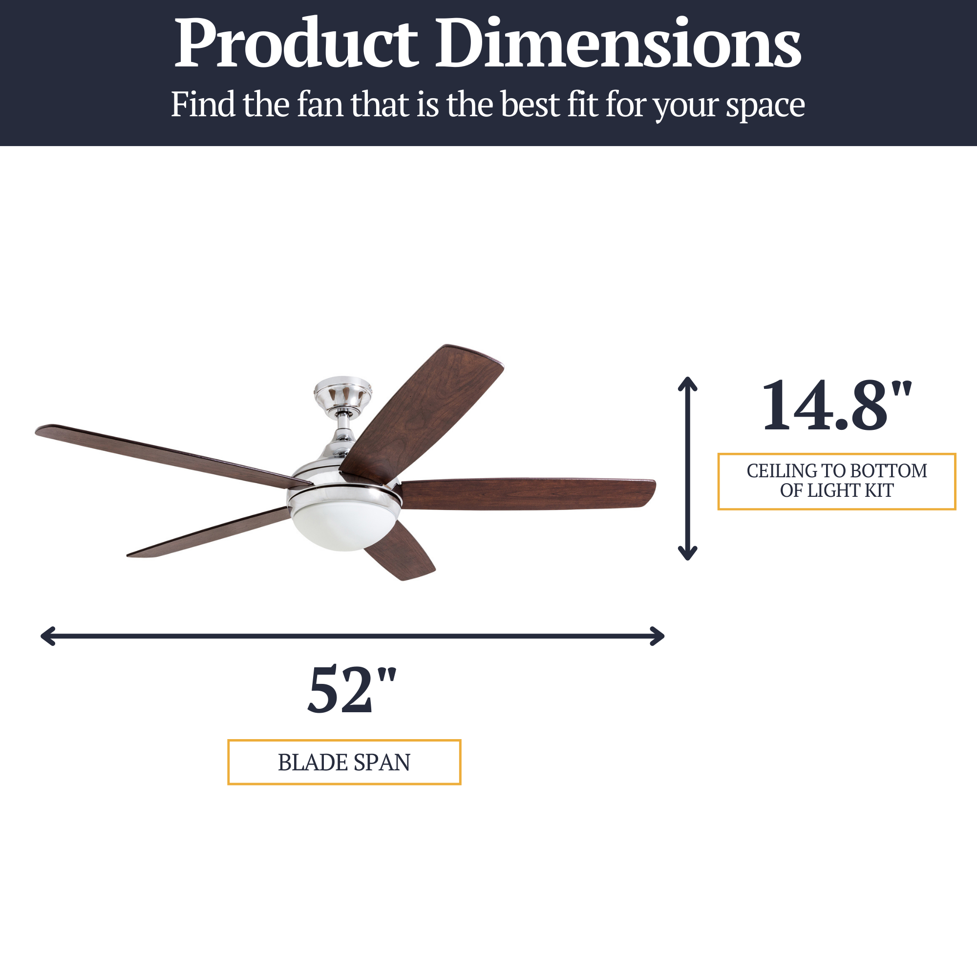 52 Inch Ashby Chrome Remote Control Ceiling Fan with Light Kit - Modern Indoor/Outdoor Cooling for Living Room, Bedroom, or Patio