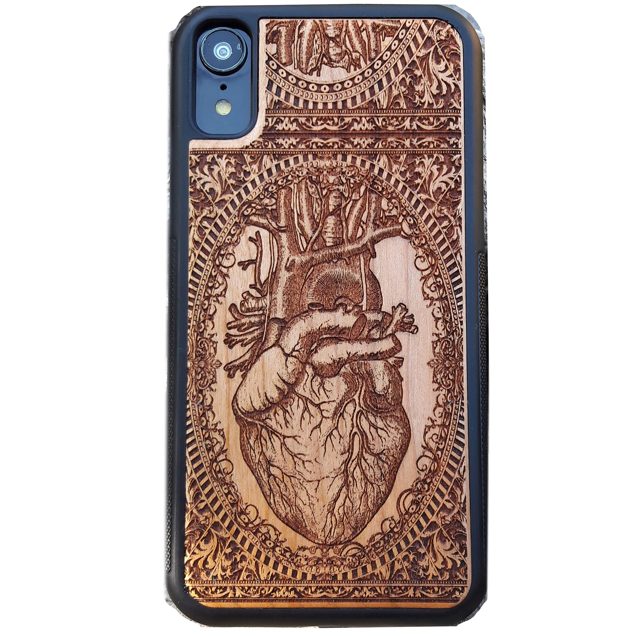 Human Heart Anatomy Laser Engraved Wood Phone Case - Compatible with iPhone 16/15/14/13/12/11 Pro Max/Mini & Galaxy S25/S24/S23/S22/S21/S20 Ultra Plus - Eco-Friendly Slim Durable Wooden Cover for Medical Students & Science Lovers