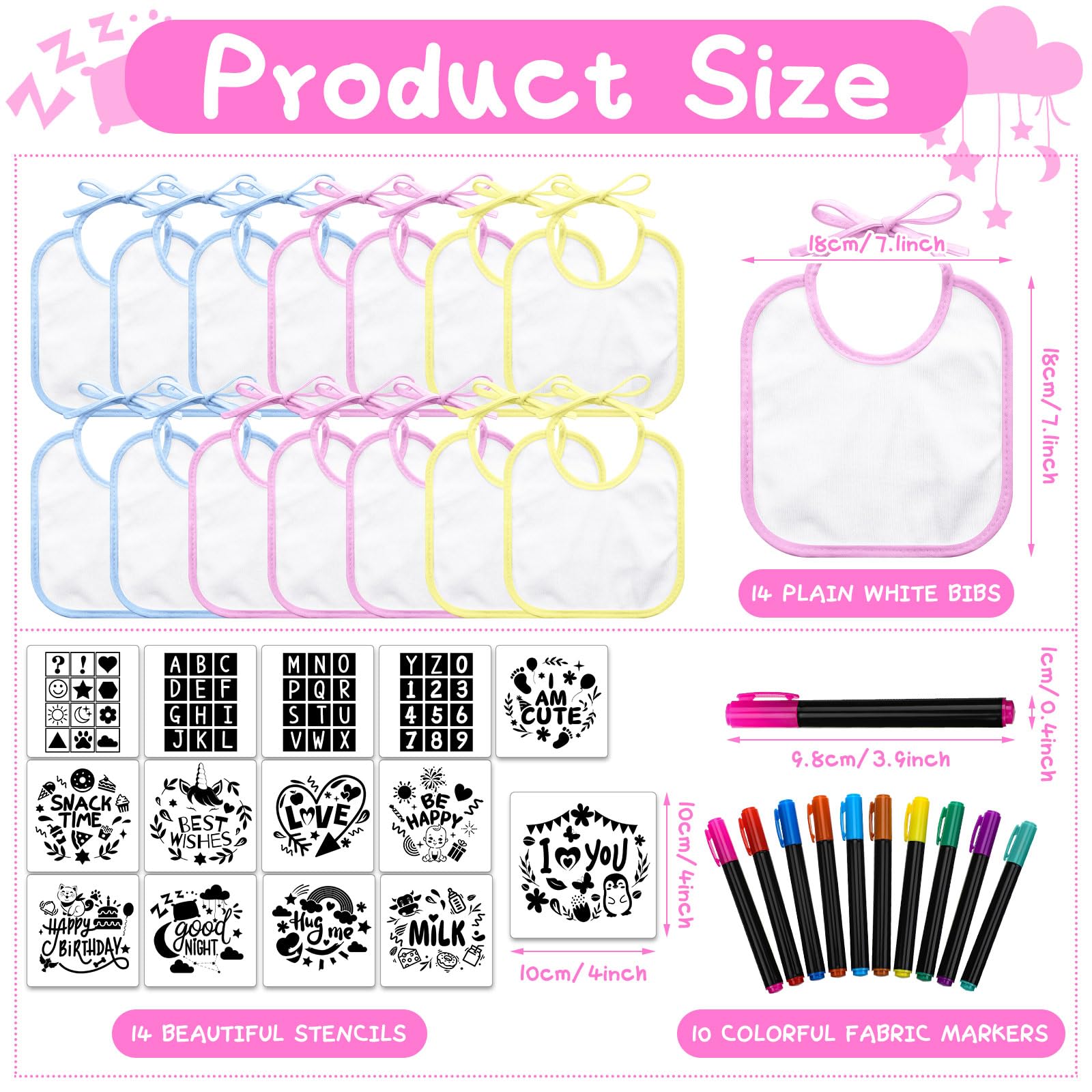 Jutom 38-Piece DIY Baby Bib Decorating Kit - 14 Bibs, 14 Stencils & 10 Fabric Markers with 2-Ply Feeder Bibs - Perfect for Baby Shower Games, Newborn Gifts & Creative Crafting