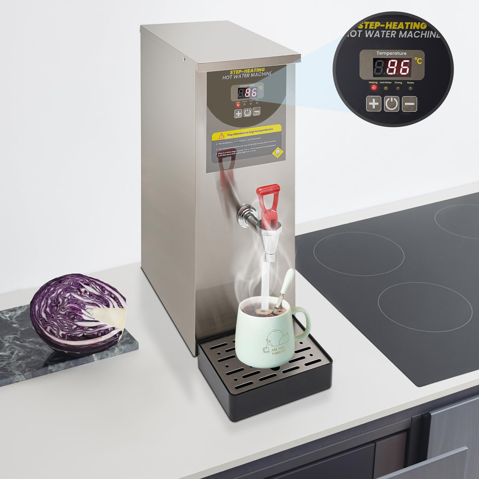 Commercial Hot Water Dispenser with Spigot - 9 Gallon/Hour Electric Water Boiler Warmer, 30-100℃ Adjustable Temperature, 2 Gallon Stainless Steel Hot Water Machine for Tea & Coffee Shops, Offices, Restaurants (Silver) - Perfect for Brewing Tea, Making Coffee, and Instant Noodles