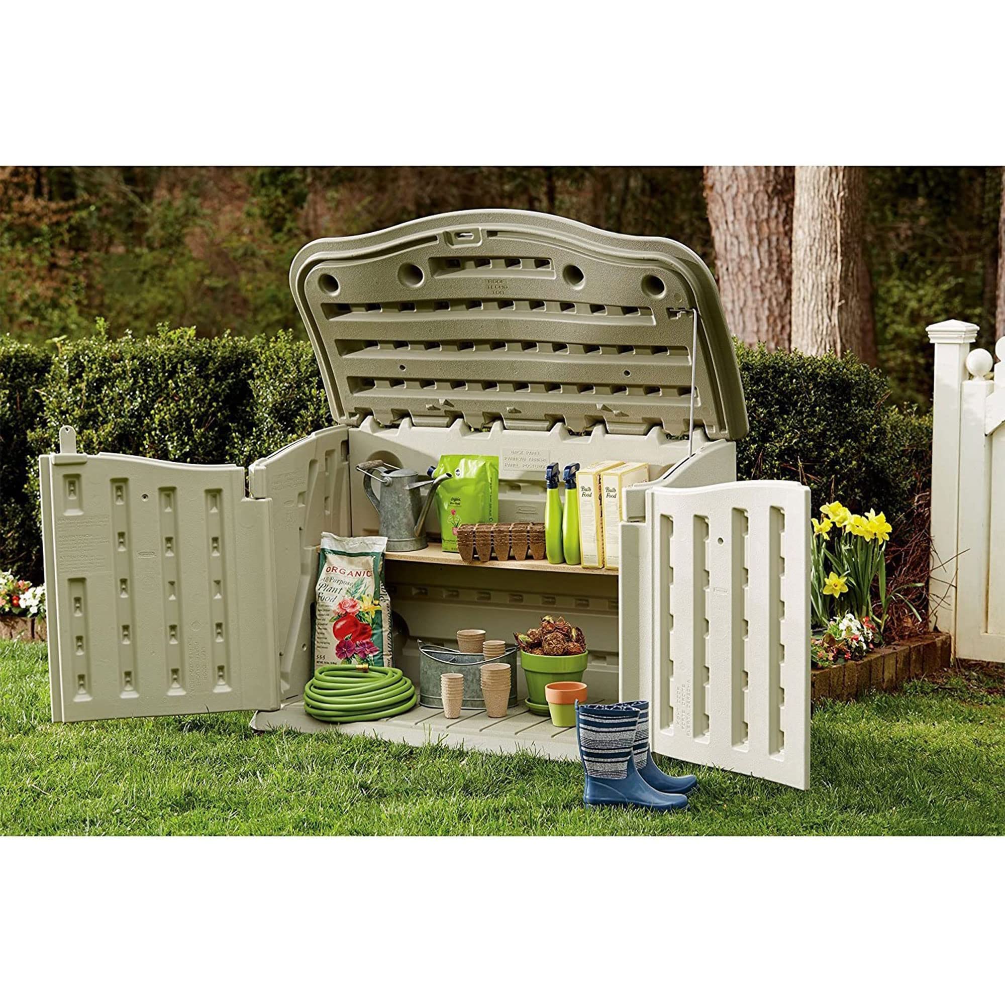 Rubbermaid 4.5x3 Ft Small Horizontal Resin Outdoor Storage Shed with Floor - Weather Resistant Beige/Brown Organizer for Garden Tools, Pool Chemicals, Patio Cushions, Toys & More - Perfect for Backyard, Garage, Porch & Home Organization