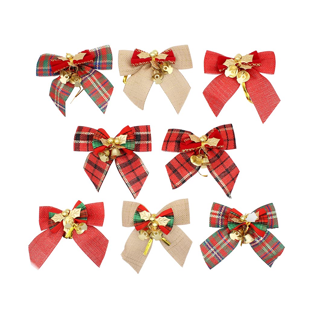8-Piece Christmas Tree Bows Set - Golden Leaf Ribbon Bows for Xmas Tree Decorations, Holiday Wreaths & Gift Wrapping - Elegant Festive Ornaments for Home & Party Decor