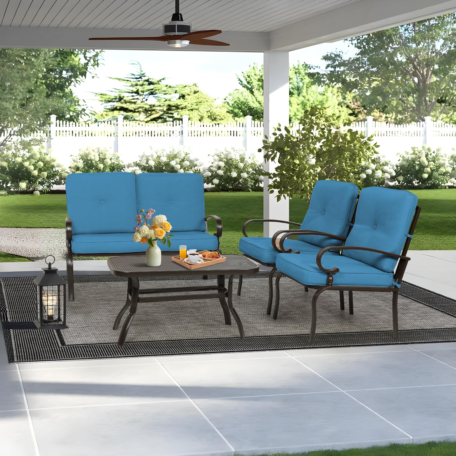 5-Piece Outdoor Patio Furniture Set - Peacock Blue Loveseat, 2 Spring Motion Chairs & Coffee Table, Durable Metal Frame Conversation Set for Garden, Backyard, Poolside or Deck Relaxation