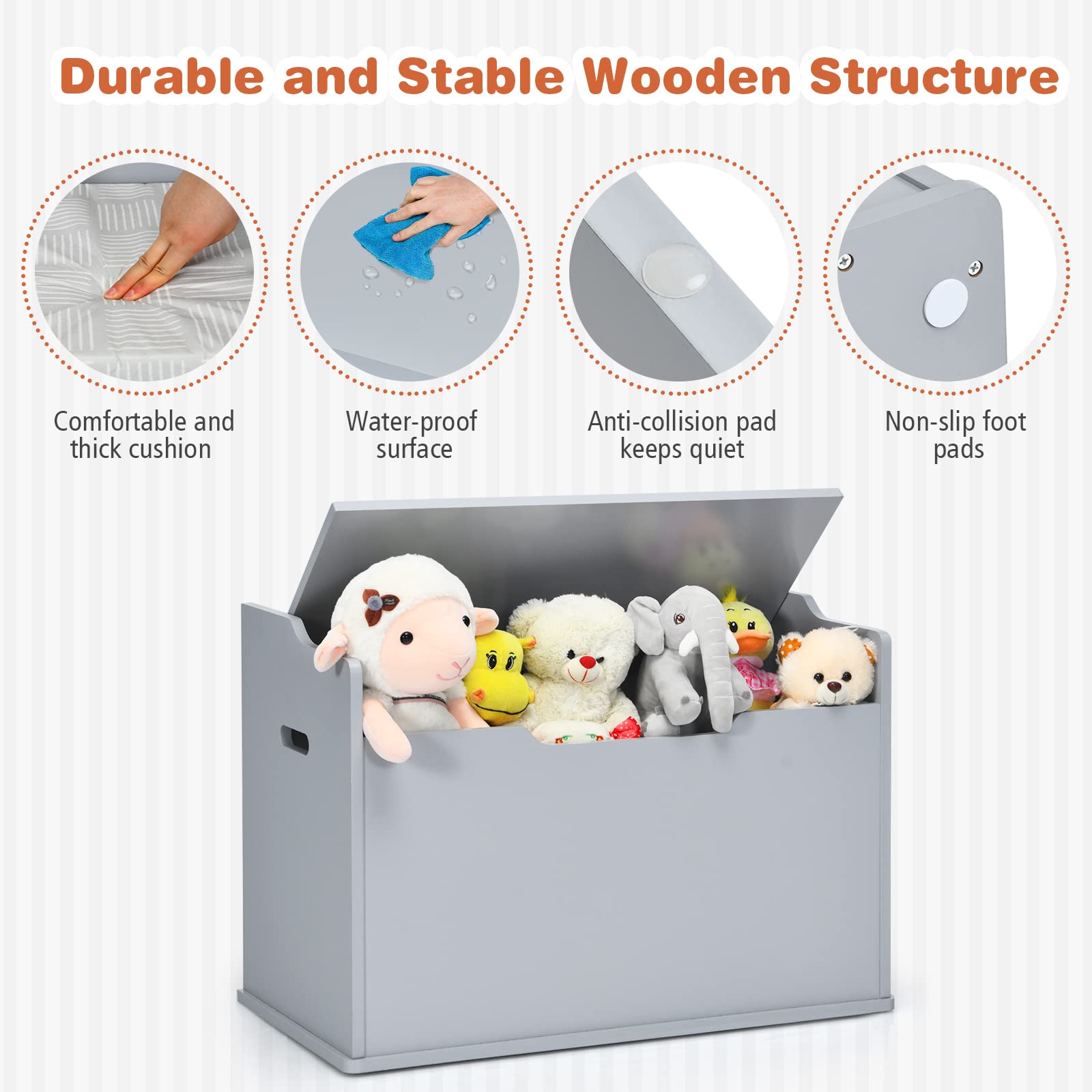 Costzon Kids Wooden Toy Chest with Bench Seat - Large Toy Storage Box with Finger-Pinch Prevention & Lift-Top Foot Rest - Perfect for Toddler Bedroom, Playroom, or Entryway Organization (Grey)