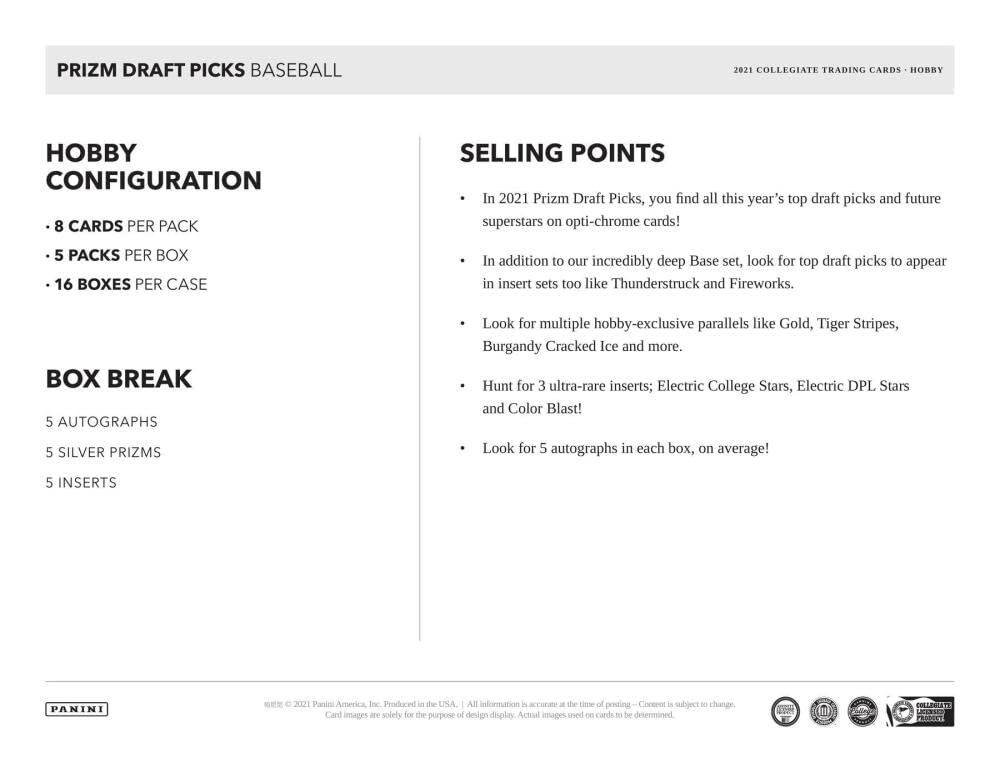 2021 Panini Prizm Draft Picks Collegiate Baseball Hobby Box - 5 Packs (8 Cards Each) with 5 Autographs - Rare Collectible Trading Cards for Sports Memorabilia Fans & Card Collectors - Perfect for Display, Trading, and Investment