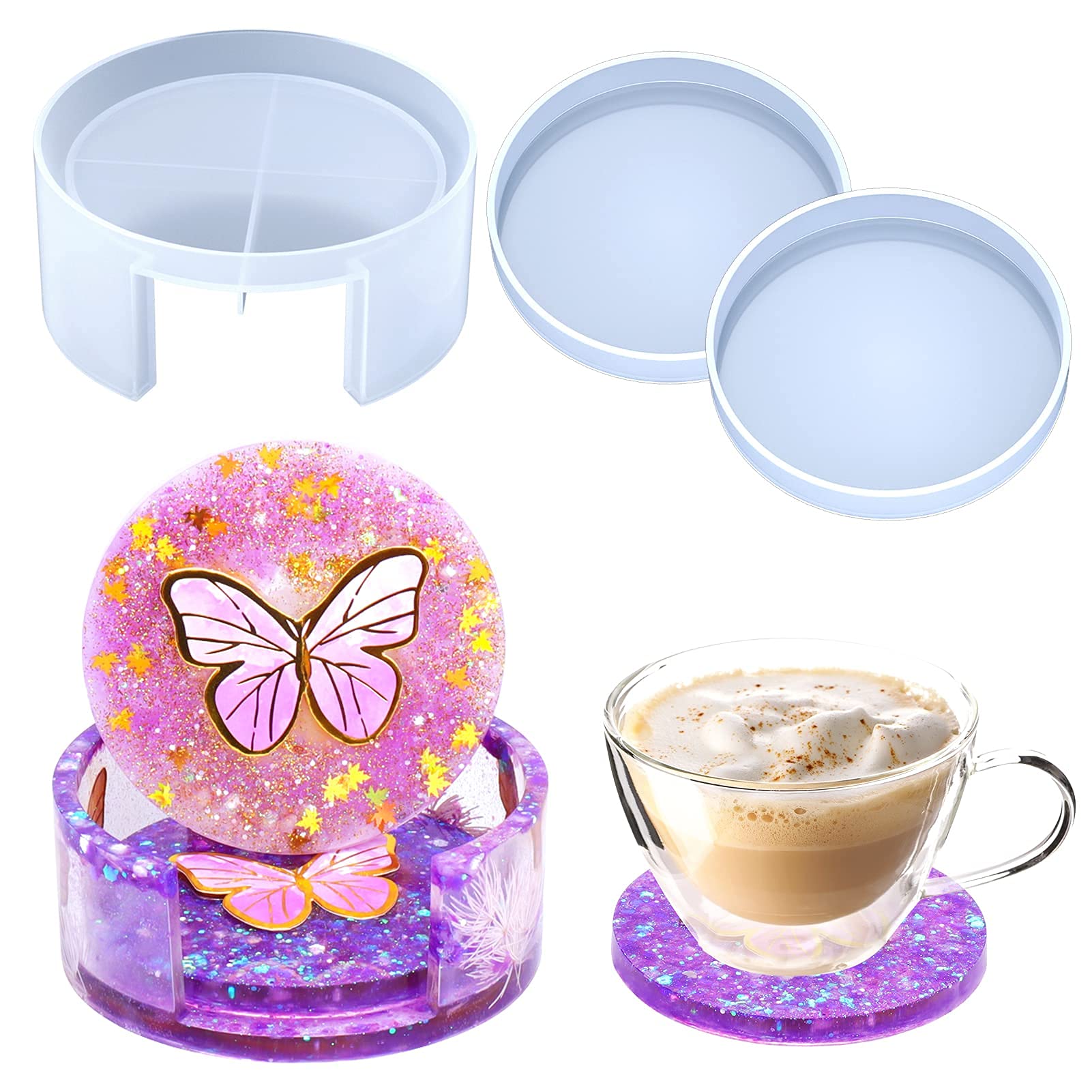Premium 2-Piece Round Silicone Resin Coaster Molds with Holder for DIY Epoxy Coasters - Perfect for Home Decor, Cup Mats, and Crafting Projects