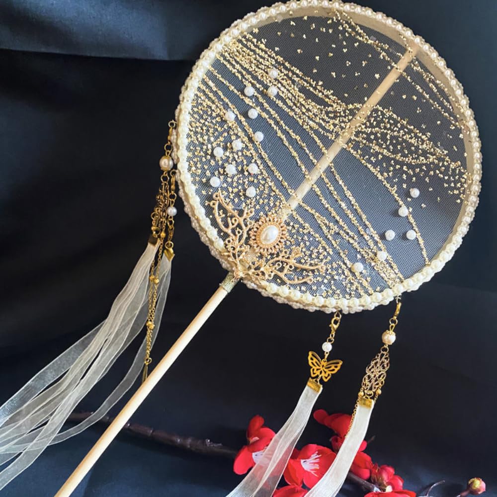 40cm Vintage Long Handle Tassel Hanfu Circular Fan - Ancient Chinese Round Silk Fan for Wedding, Cosplay, Traditional Dance & Home Décor