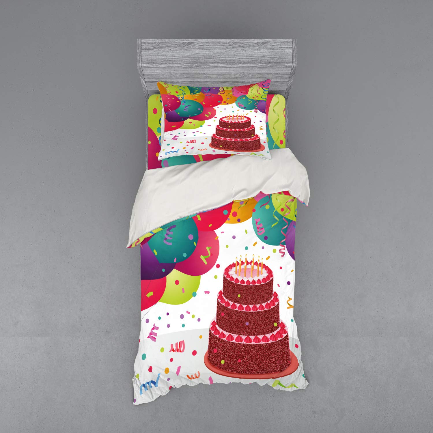 Ambesonne Birthday Duvet Cover Set - Strawberry Cake with Candles, Ribbons & Balloons Celebration Theme | 3-Piece Twin Size Bedding Set with Sham & Fitted Sheet | Perfect for Kids' Rooms, Birthday Parties & Themed Bedrooms
