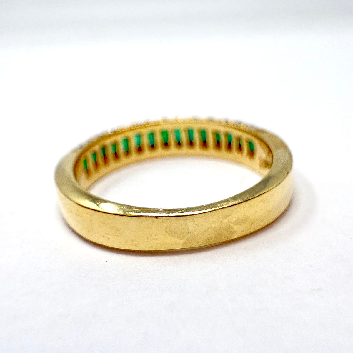 18K Gold Ring with 13 Channel Set Square Emeralds & 28 Diamonds - Elegant Jewelry for Weddings, Anniversaries & Special Occasions