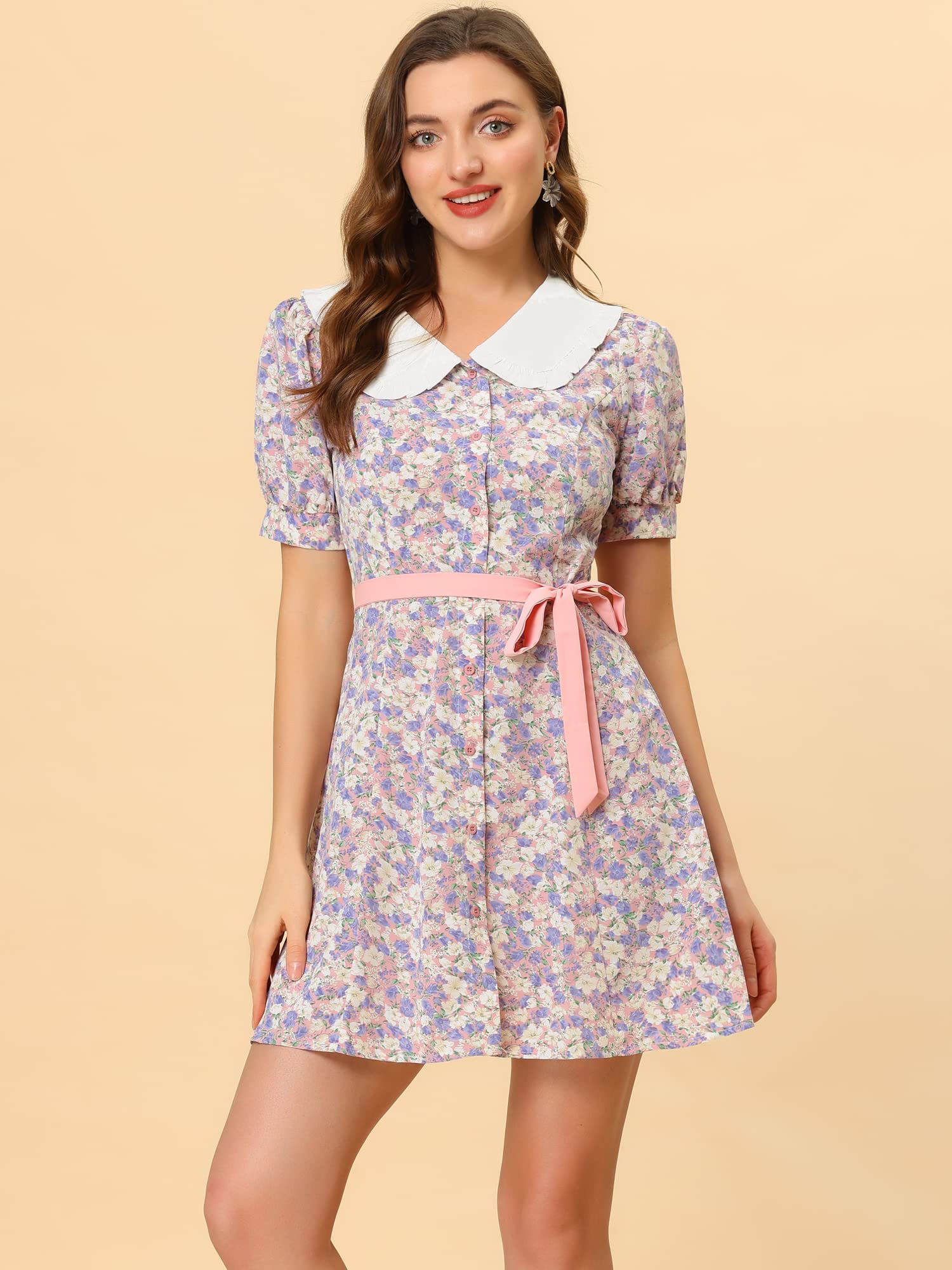 Allegra K Women's Floral Print Peter Pan Collar Dress with Bow Tie - Short Sleeve Button Down Shirt Dress for Spring Summer 2024 | Perfect for Office, Date Night & Garden Parties