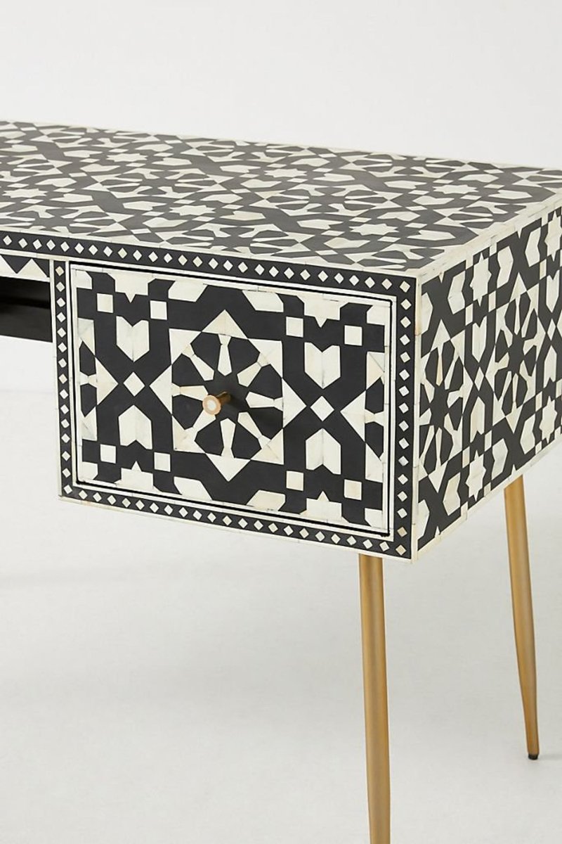 Handmade Black Moroccan Bone Inlay Work Table - Elegant Laptop Desk for Home Office, Study & Workspace Decor