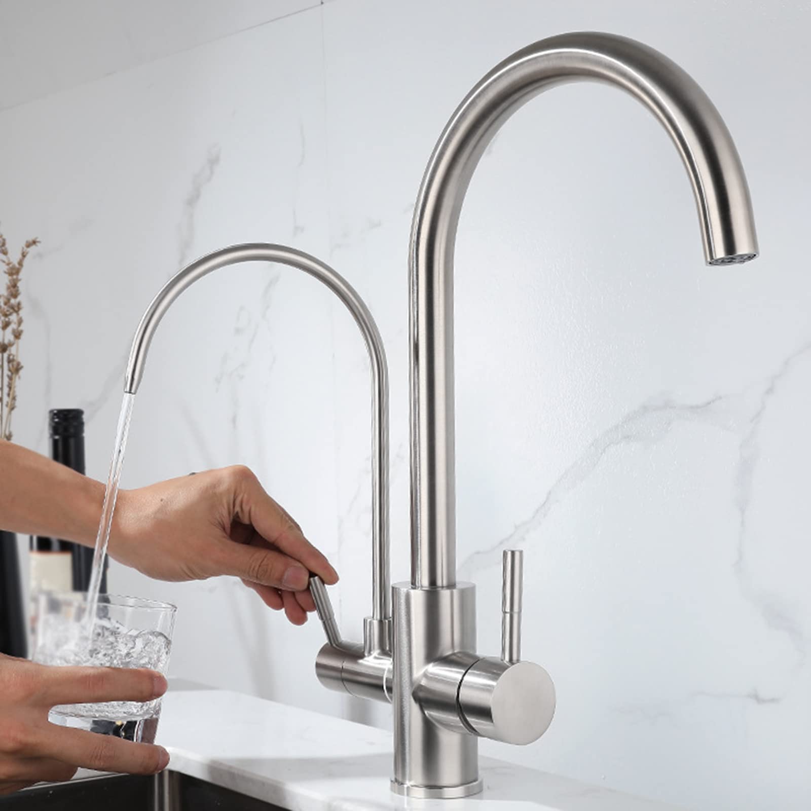 3-Way Stainless Steel Brushed Kitchen Faucet with Swivel Spout - Water Filter Faucet for Sink, Perfect for Modern Kitchens & Water Purification Systems