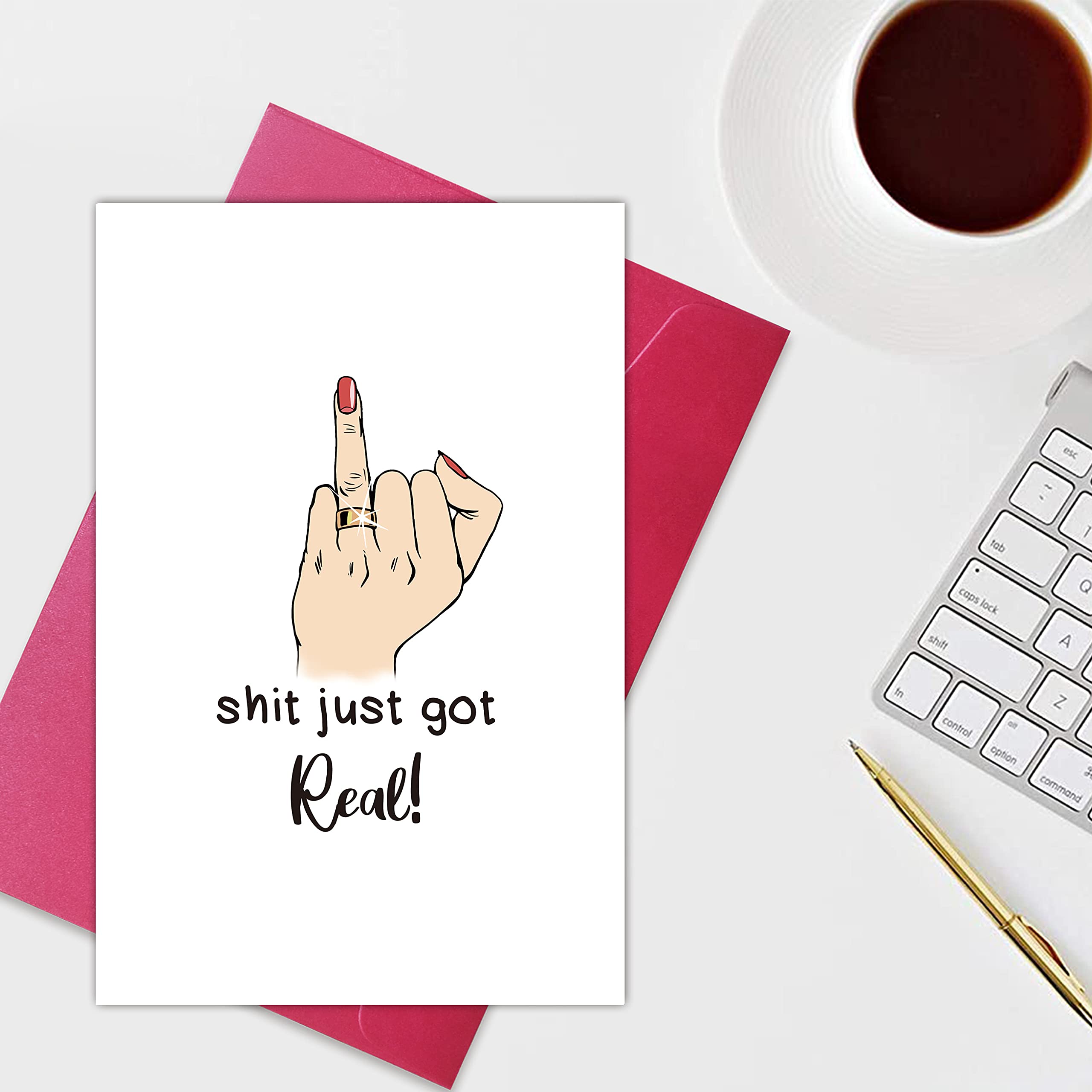 Funny Wedding Card for Couples - Naughty Engagement Card for Newlyweds - 'Shit It Just Got Real' Humorous Wedding Ring Finger Card - Perfect for Bachelorette Parties, Wedding Showers & Anniversary Gifts