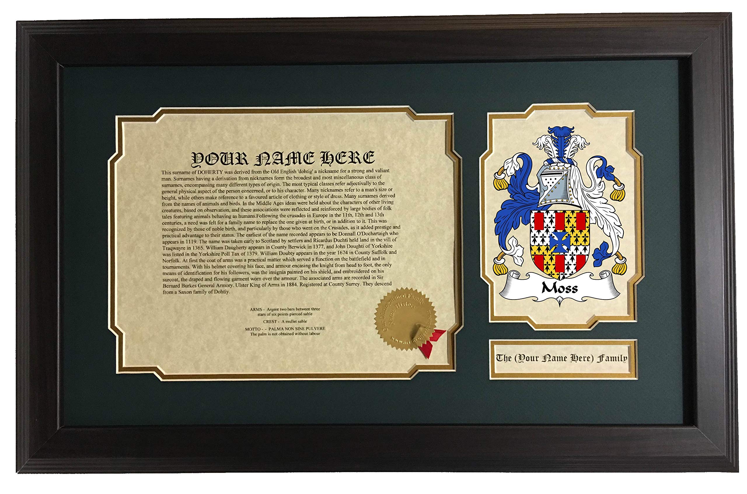 Custom Moss Family Coat of Arms & Surname History - 14x22 Inch Matted Framed Ancestry Display - Perfect for Home Decor, Genealogy Gifts & Heritage Wall Art