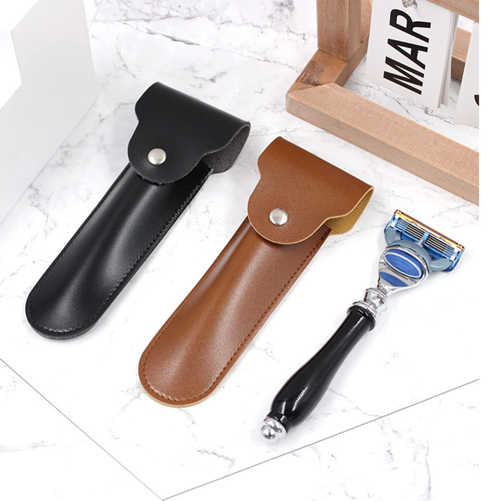 Premium Leather Razor Travel Case for Straight & Shavette Razors - Protective Safety Cover with Shaving Pouch Holder (Brown/Black) | Ideal for Barber Professionals & Travel Shaving Kits
