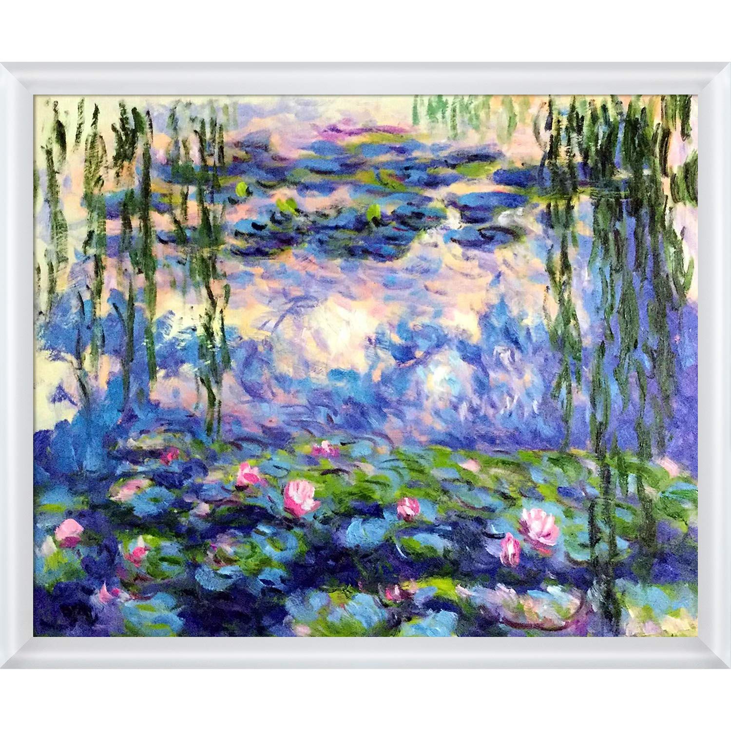 Hand Painted Oil Painting Reproduction - Monet Water Lilies & Willow Vines in Moderne Blanc Frame 26.75x22.75 Inch - Classic Home & Office Wall Decor for Living Room, Bedroom or Gallery Display