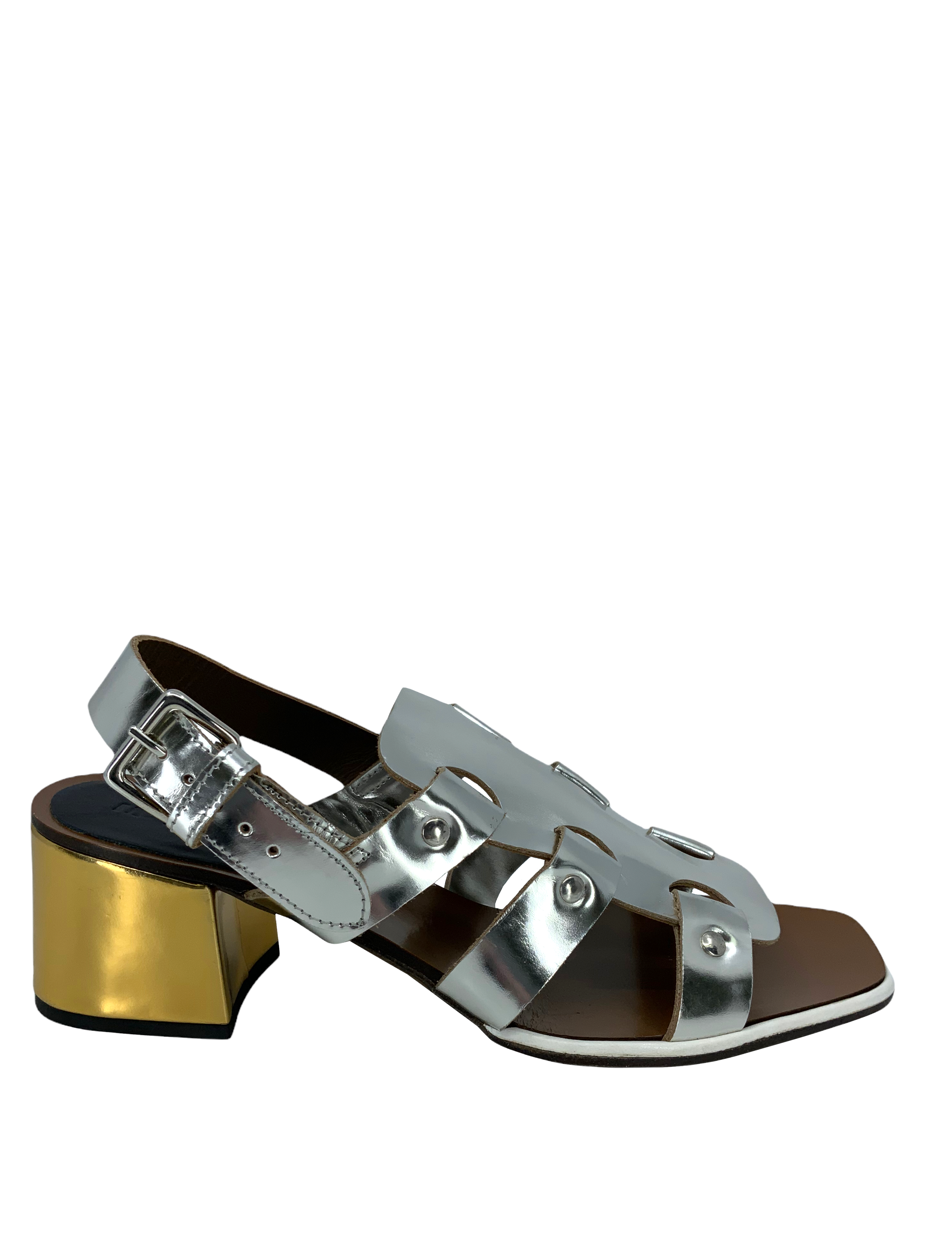MARNI Women's Metallic Strappy Leather Gladiator Sandals Size 8.5 - Fashionable Summer Footwear for Parties, Weddings & Date Nights