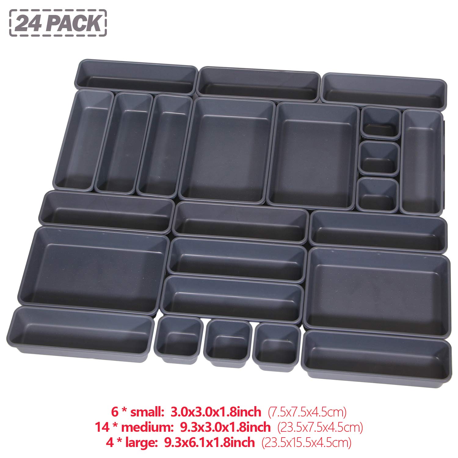 24-Piece Interlocking Plastic Drawer Organizer Set - Adjustable Tray Dividers for Shallow & Narrow Drawers | Kitchen, Bathroom, Office, Vanity & Bedroom Storage Solution | Perfect for Makeup, Utensils, Jewelry & Small Item Organization