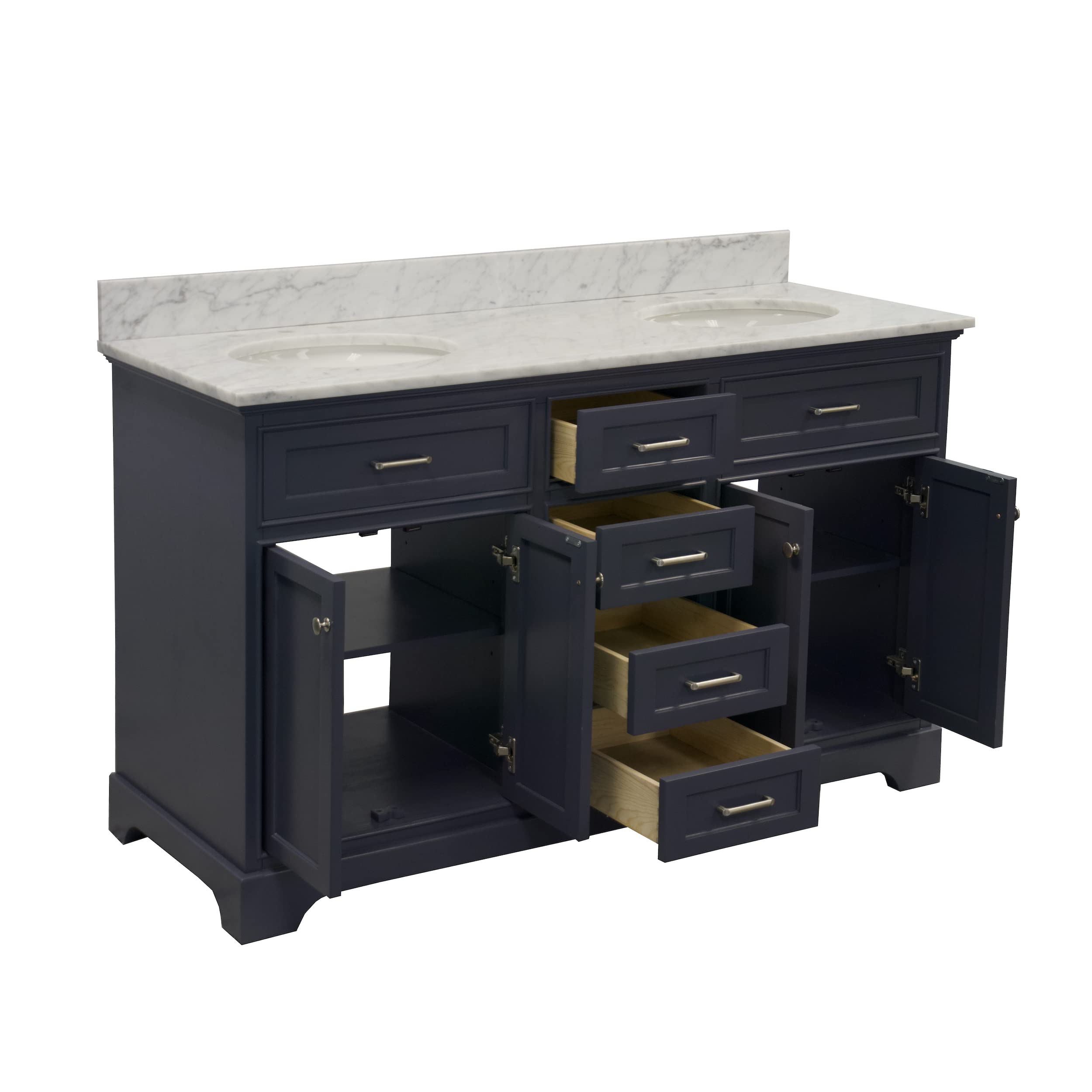 Aria 60-inch Double Bathroom Vanity with Carrara Marble Top & Gray Cabinet - White Ceramic Sinks | Modern Bathroom Storage for Master & Guest Bathrooms | Durable Italian Marble Countertop & Spacious Design