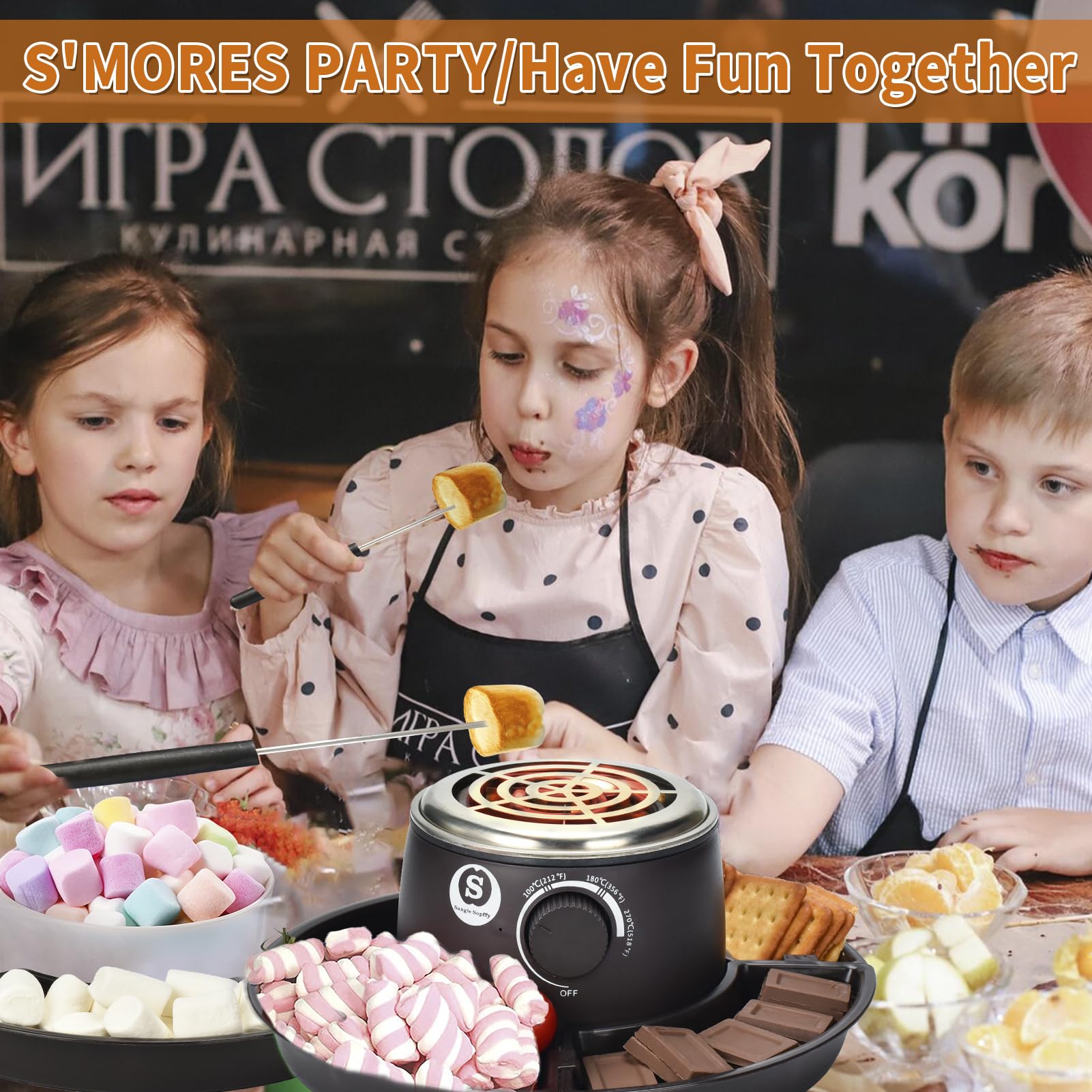 SANLE SOPFFY 2-in-1 Electric S'mores Maker & Fondue Pot Set - Indoor Flameless Temperature-Controlled Heater with 4 Roasting Forks - Perfect for Family Gatherings, Christmas Gifts & Cozy Winter Nights